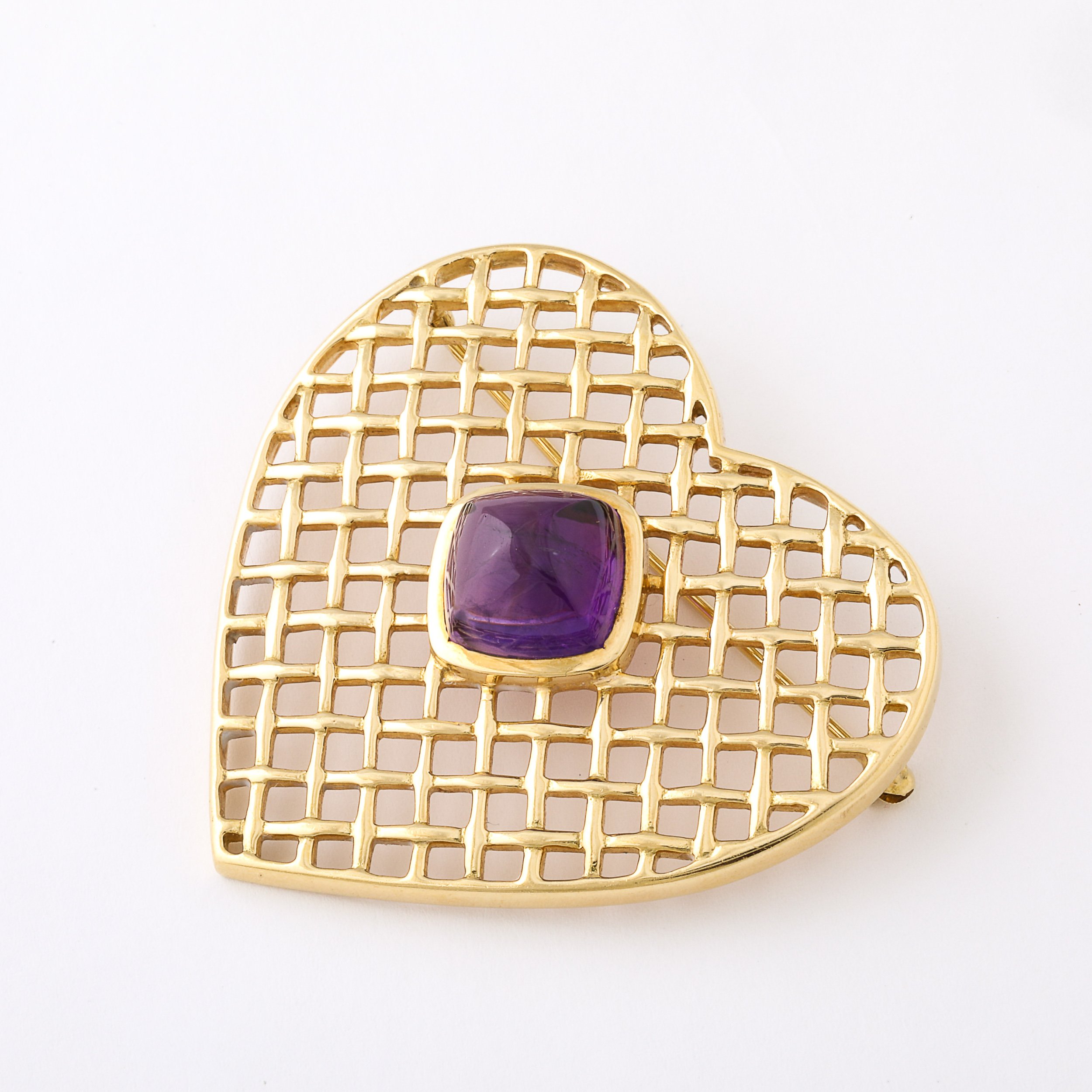 Retro 18K Gold Heart Form Woven Lacticework Brooch w: Cabachon by Tiffany & Co. - High Style Deco 3.jpg