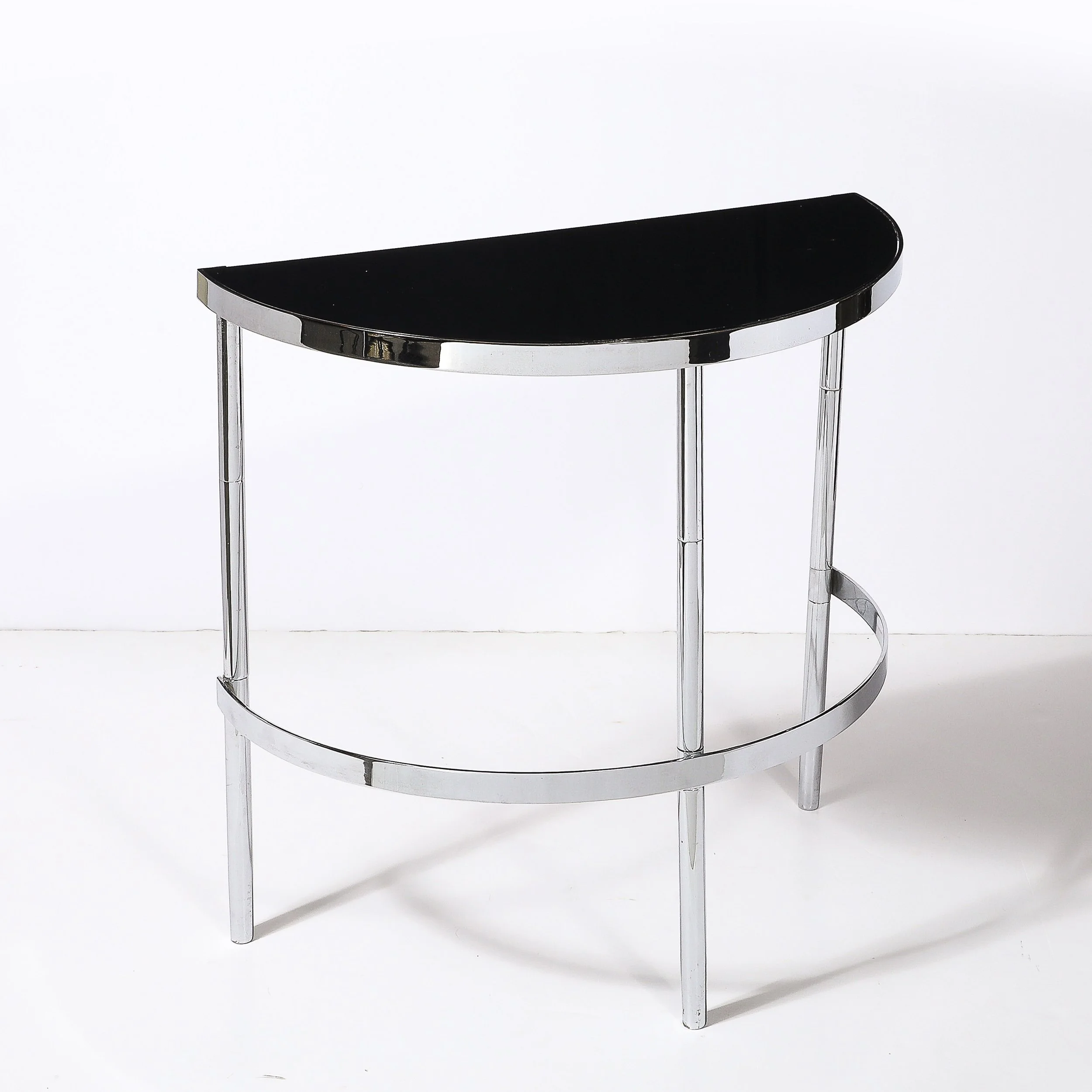 Art Deco Machine Age Demilune Console Table in Brushed Aluminum & Black Lacquer - High Style Deco 6.jpg