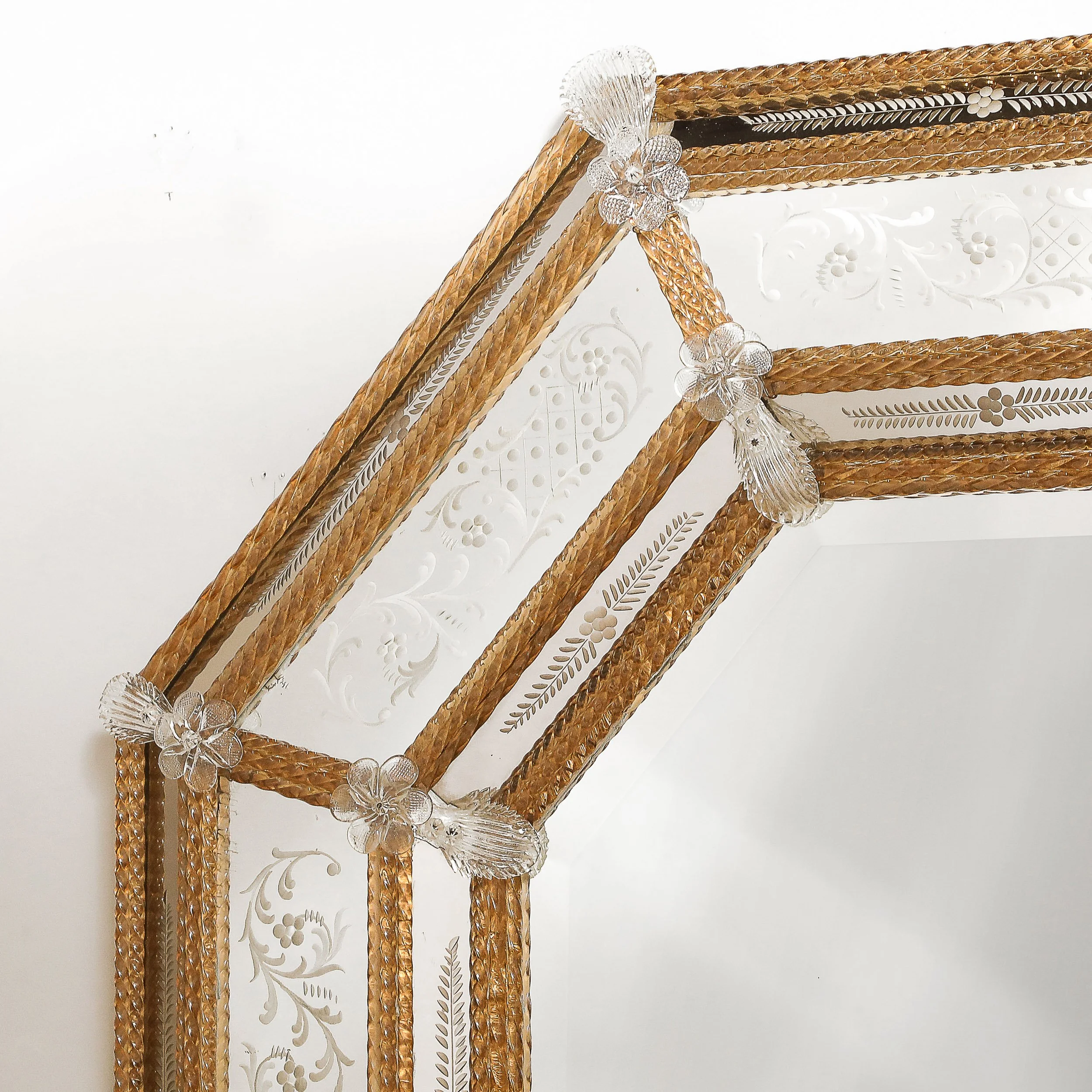 Mid-Century Octagonal Amber Glass & Transparent Floret Venetian Glass Mirror - High Style Deco 7.jpg