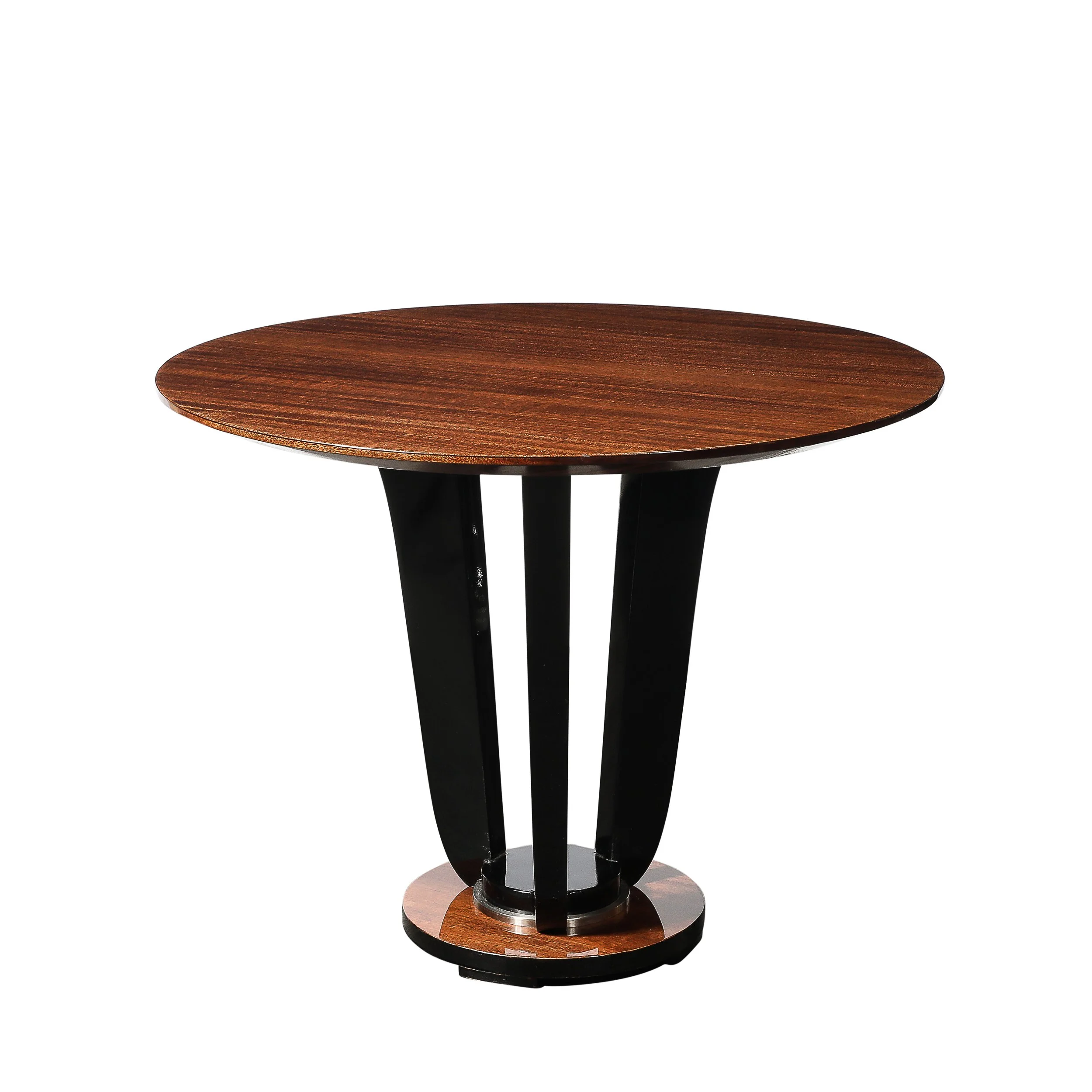 Art Deco Machine Age Bookmatched Walnut Gueridon Table w: Black Lacquer Supports - High Style Deco.jpg