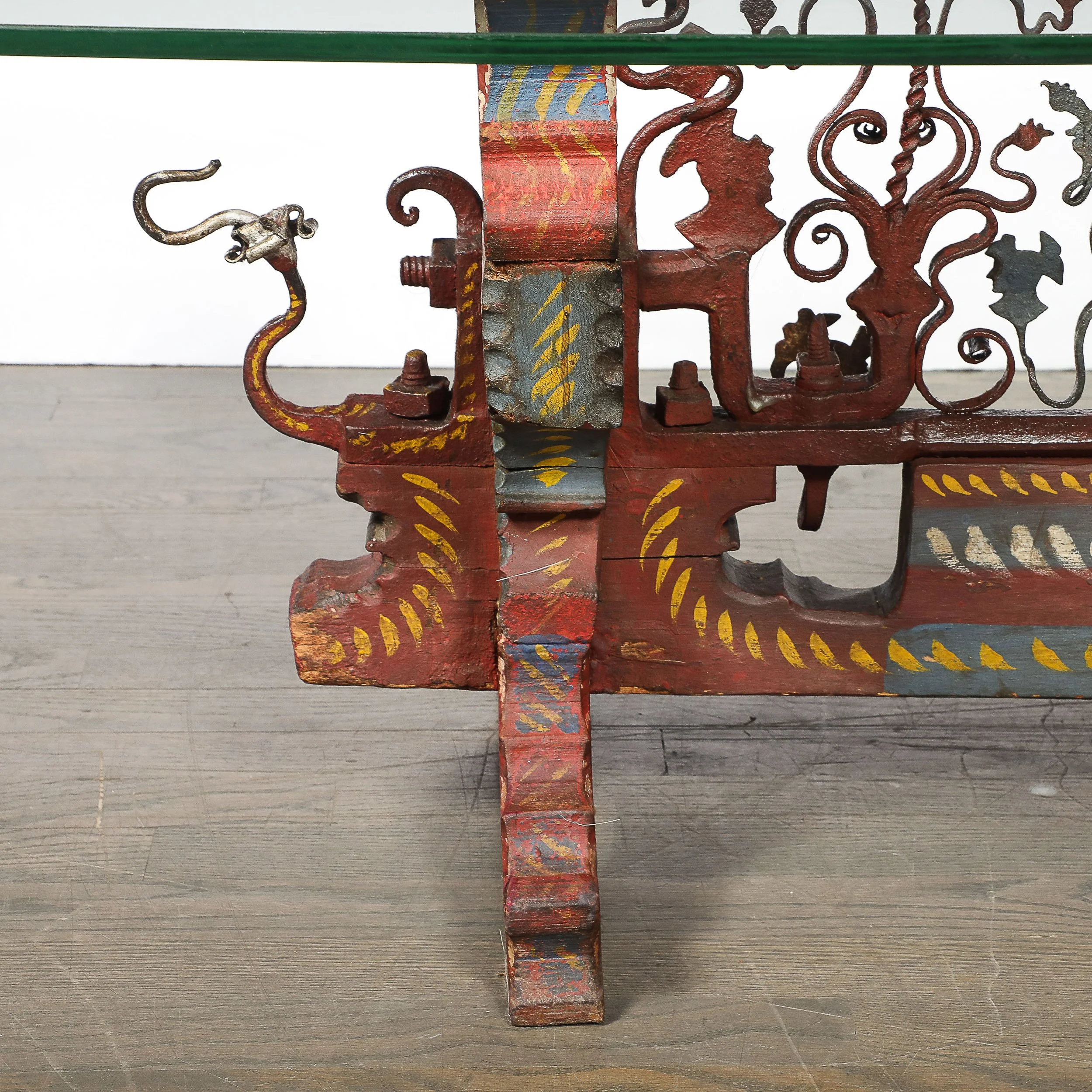 Arts and Crafts Sicilian Polychromed Wood & Iron Glass Top Donkey Cart Cocktail - High Style Deco 4.jpg