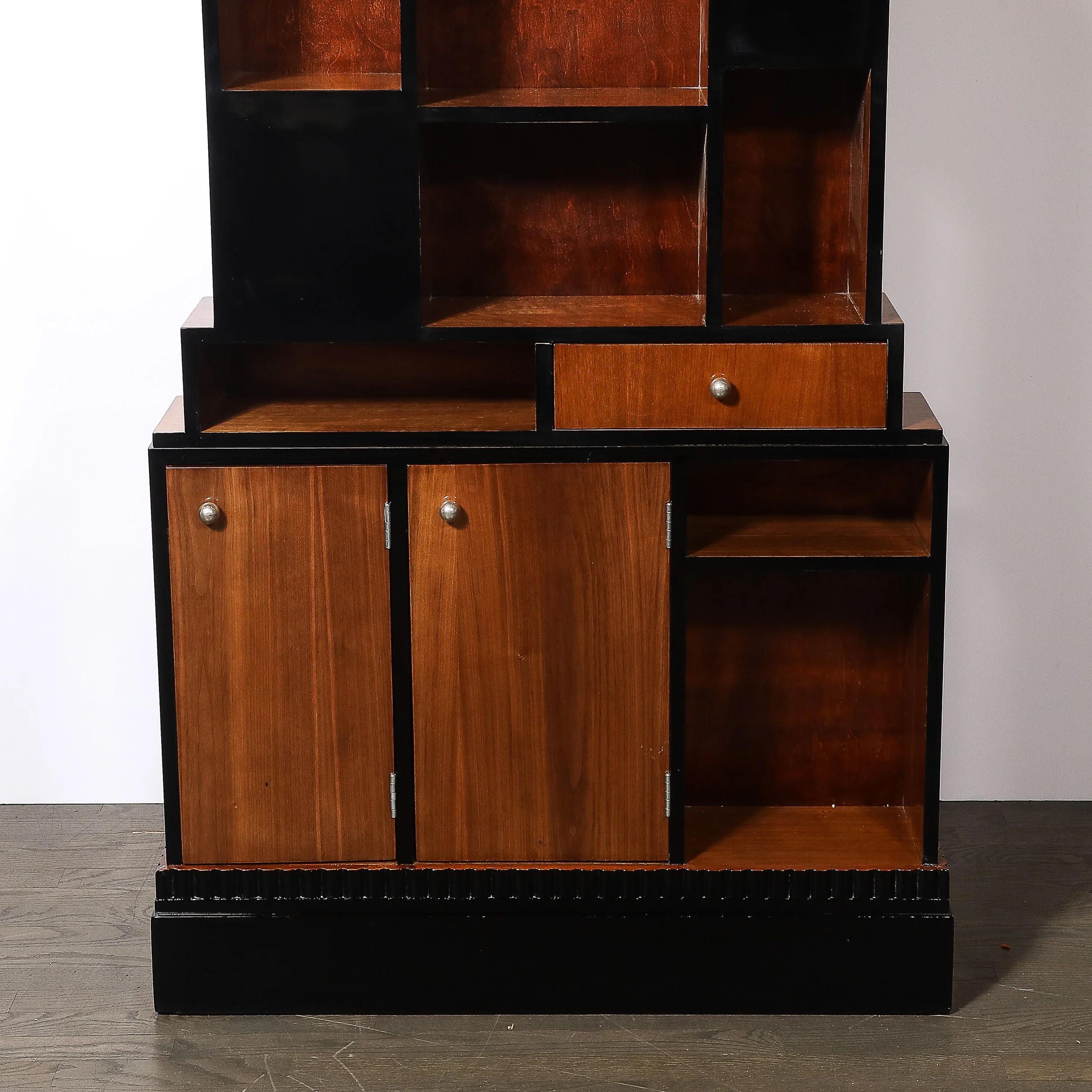 Art Deco Walnut & Black Lacquer Skyscraper Style Bookshelf with Chrome Pulls - High Style Deco 1.jpg