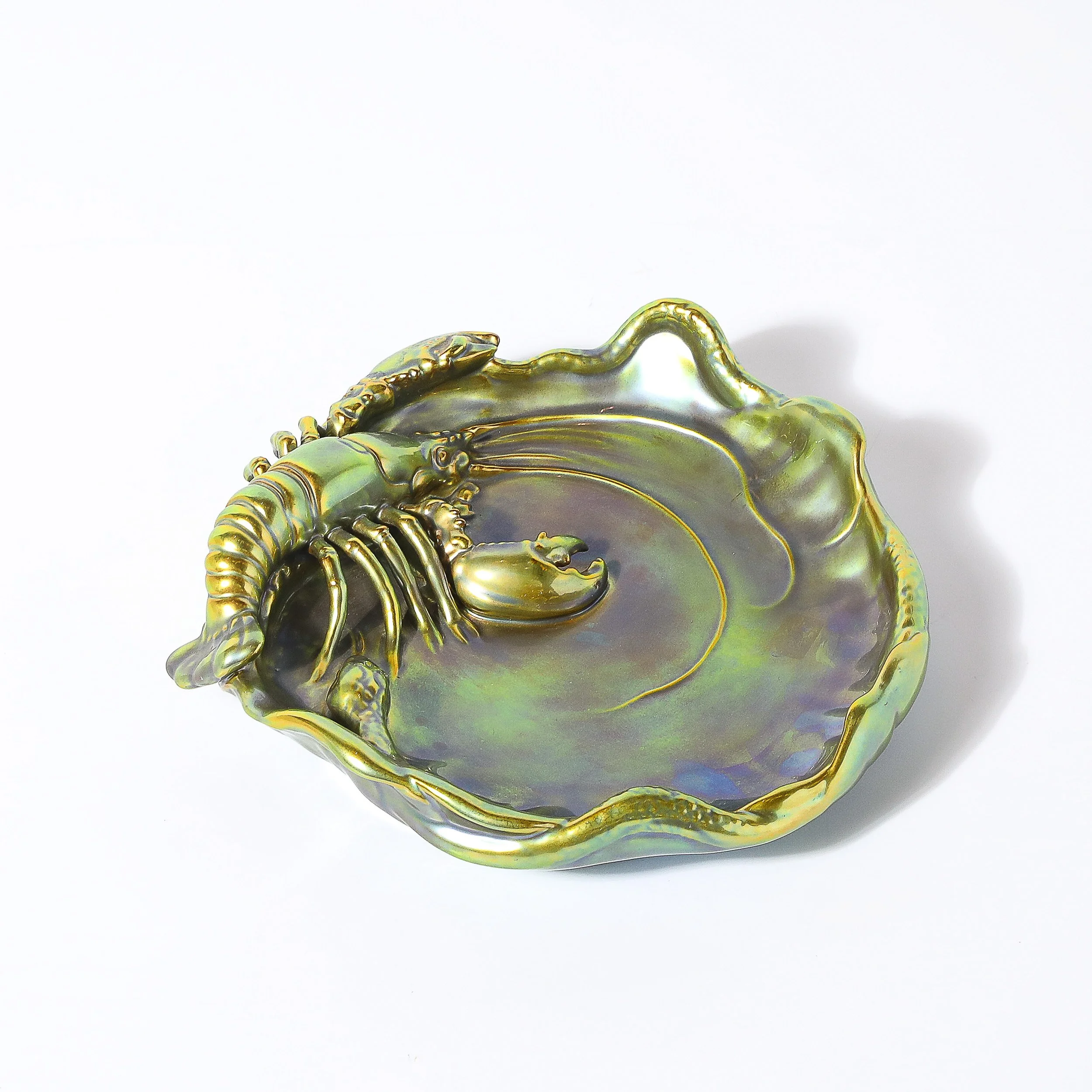 Zsolnay Hungary Eosin Iridescent Green Gold Lobster & Snake Hand Painted Dish - High Style Deco 9.jpg