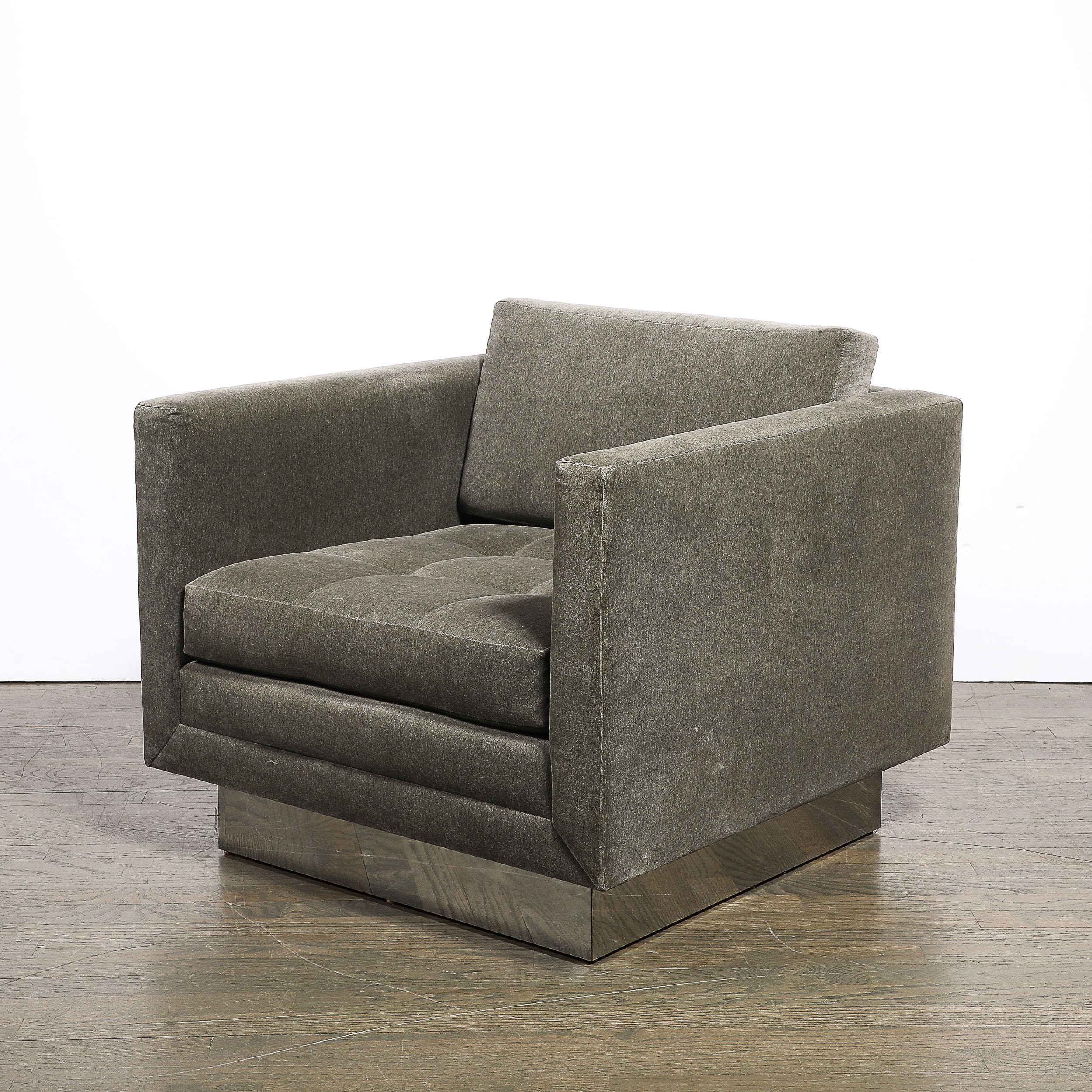 Pair of Mid-Century Biscuit Tufted Cube Chairs w: Chrome Wrapped Base in Mohair - High Style Deco 4.jpg