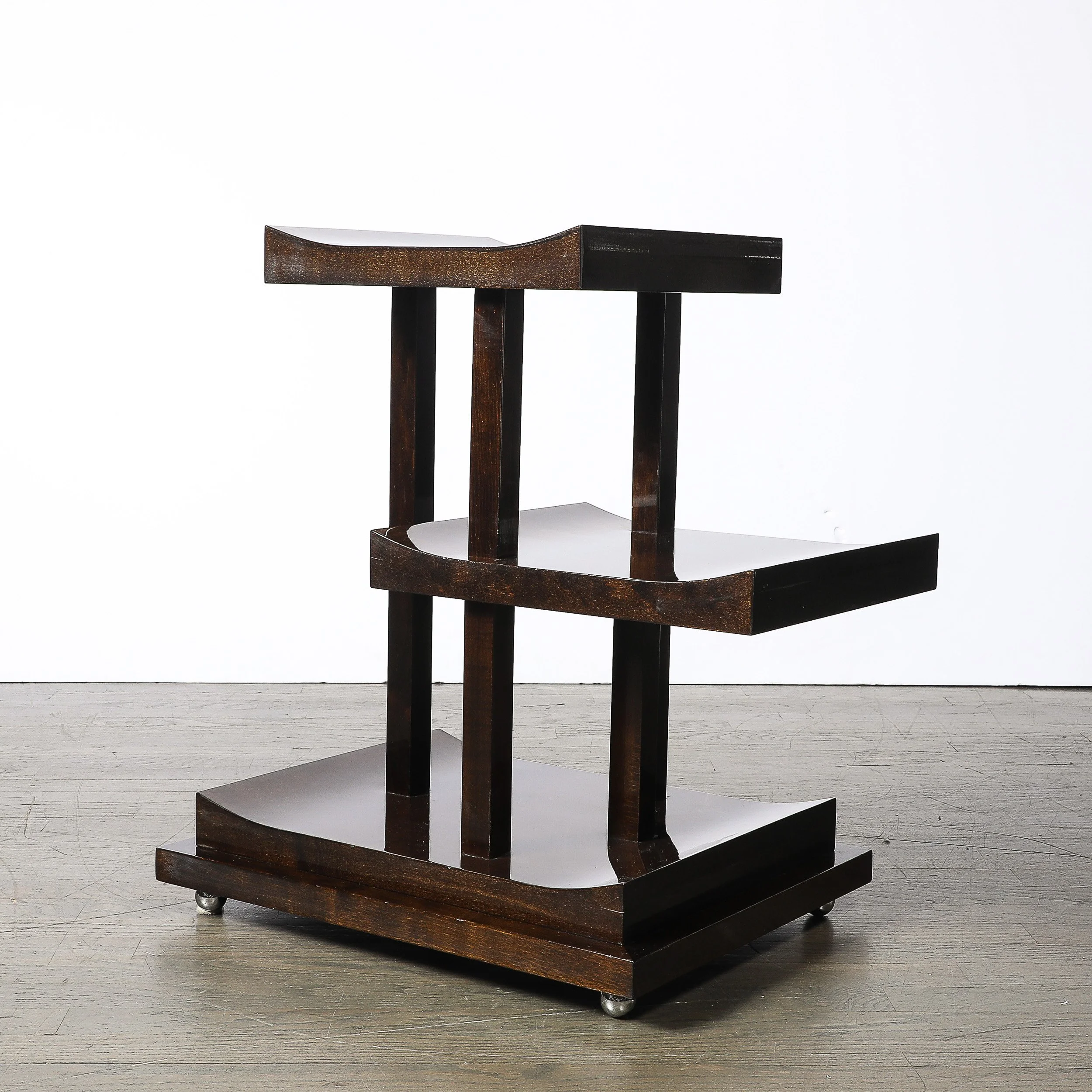 Art Deco Rectilinear Swooping Three Tier Walnut Offset Side Table w: Plinth Base - High Style Deco 10.jpg