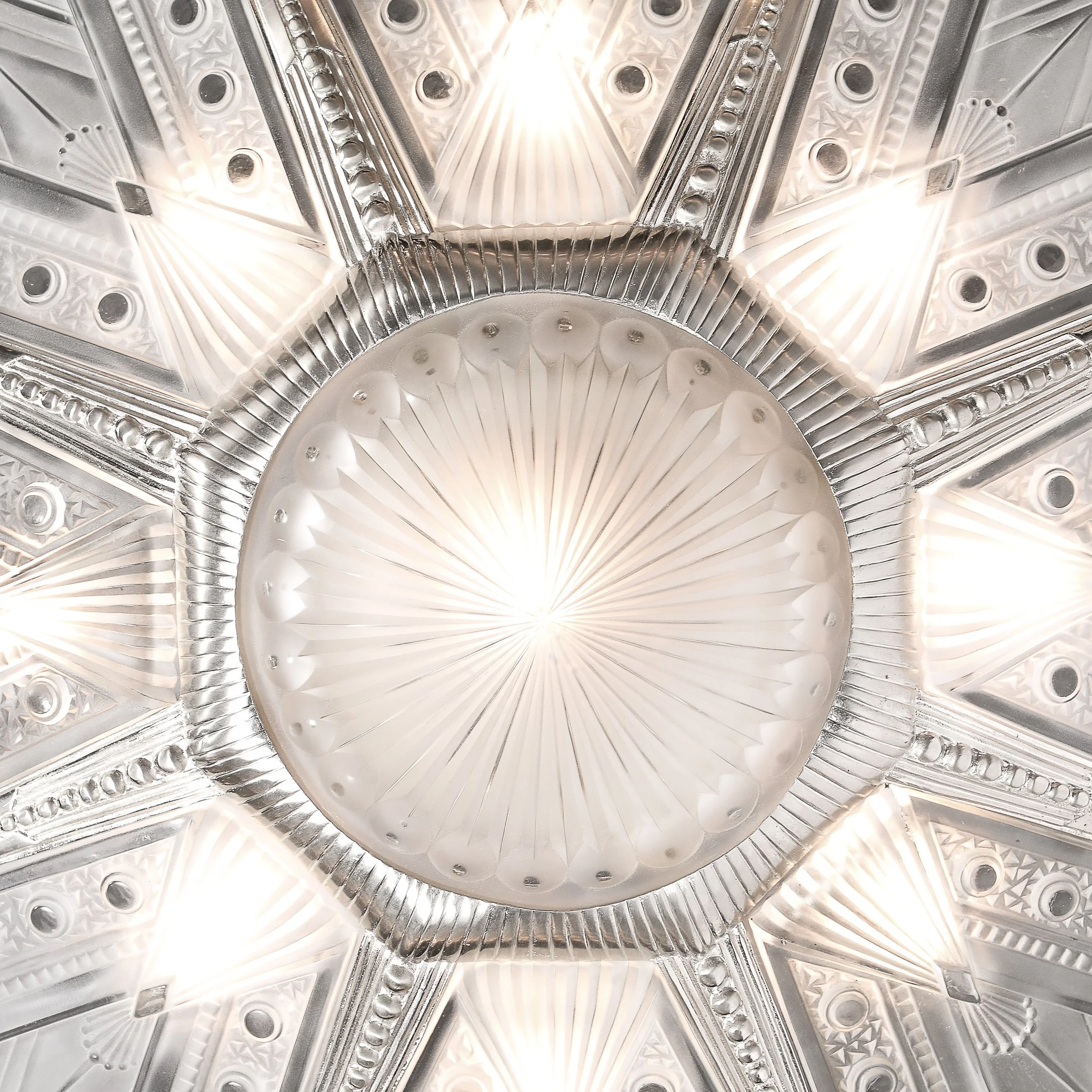 Art Deco Frosted Glass Cubist Geometric Detail & Fluted Chandelier Signed Leleu - High Style Deco 8.jpg