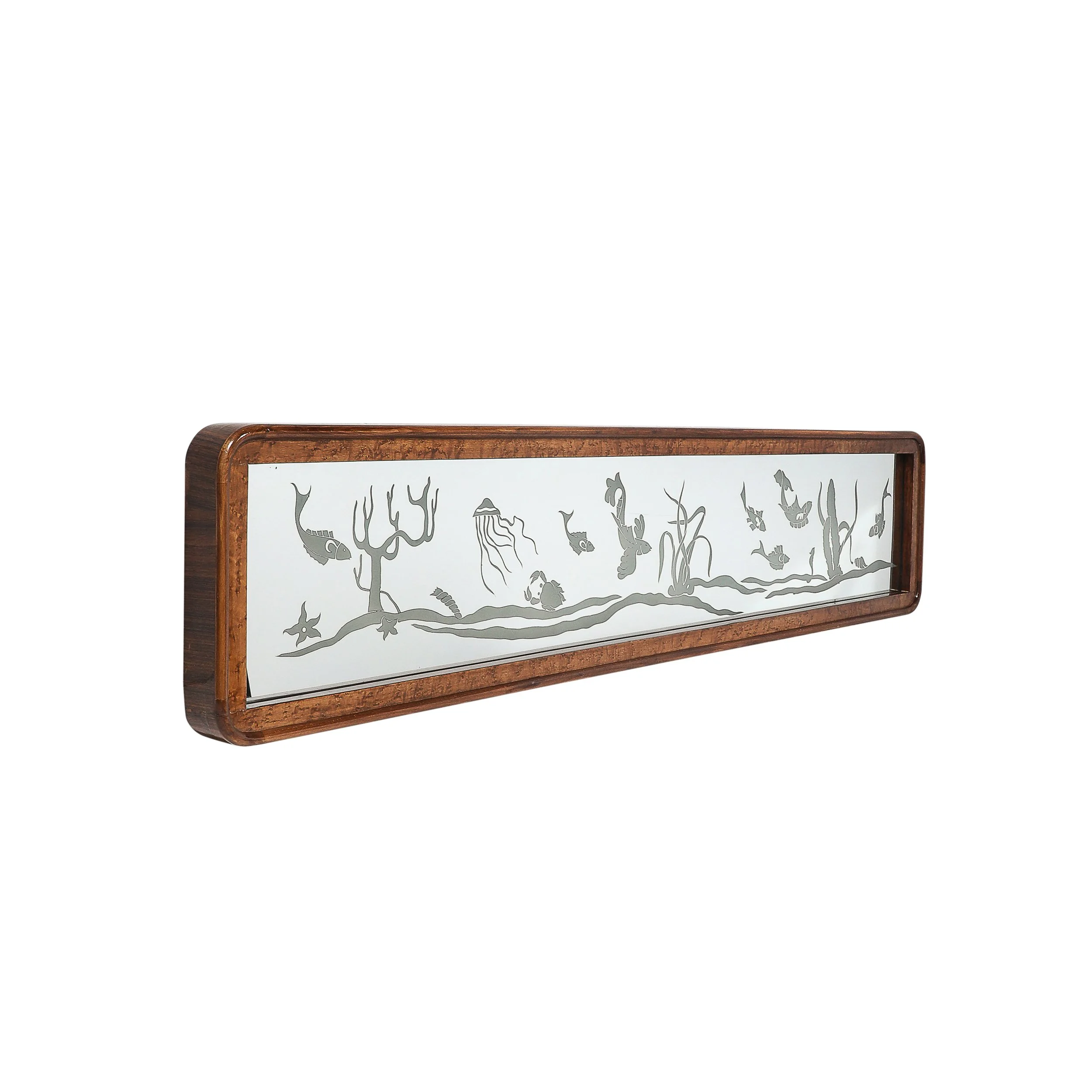 Mid-Century Burled Walnut Bordered Mirror W: Graphic Acid Etched Oceanic Motif - High Style Deco 1.jpg