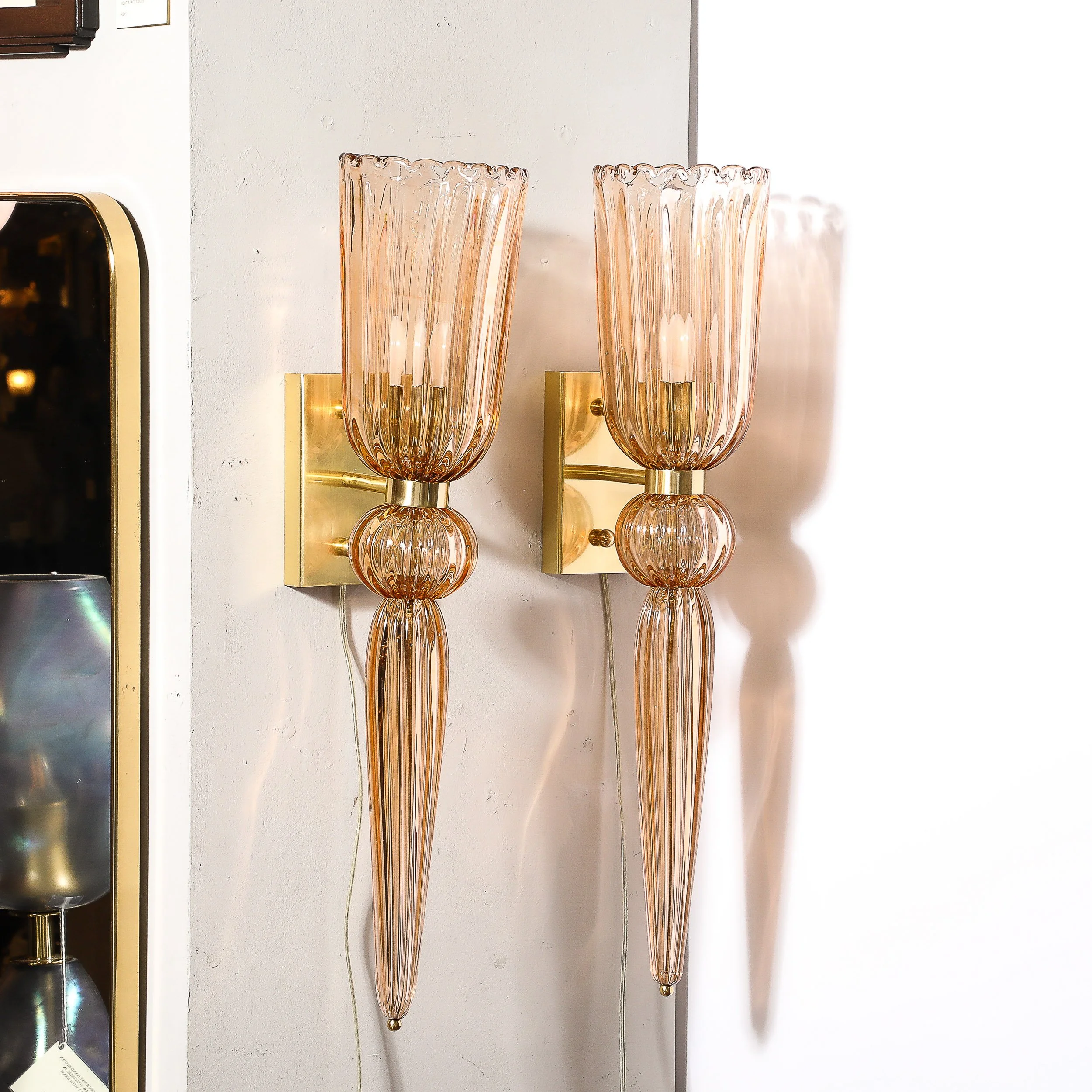 Modernist Rose Hand-Blown Murano Glass & Brass Sconces with Elongated Drop - High Style Deco 13.jpg