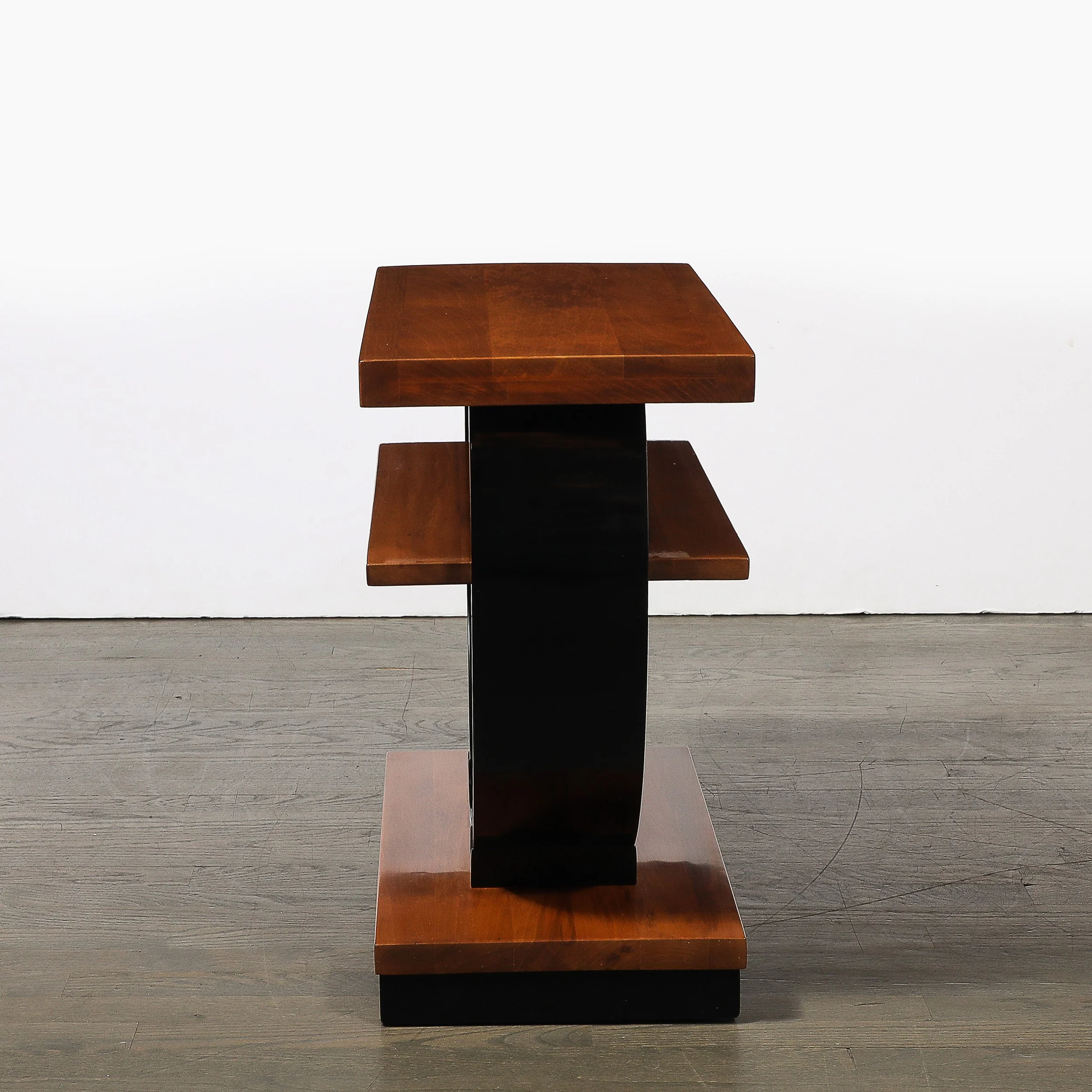 Pair of Art Deco Machine Age Two-Tier Side Tables in Walnut & Black Lacquer - High Style Deco 14.jpg