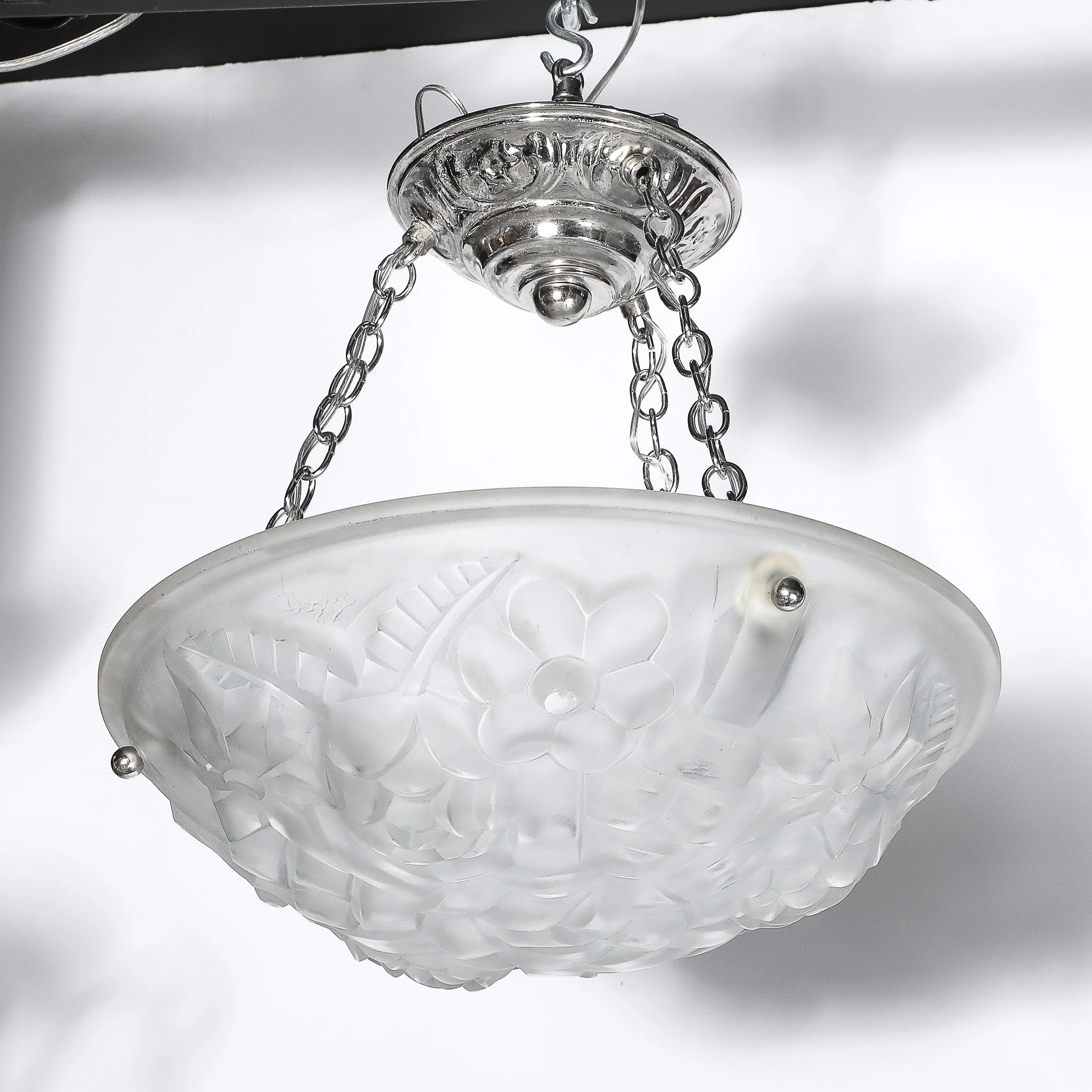 Art Deco Frosted Glass Floral Cubist Chandelier w: Chrome Fittings Signed Degué - High Style Deco 13.jpg