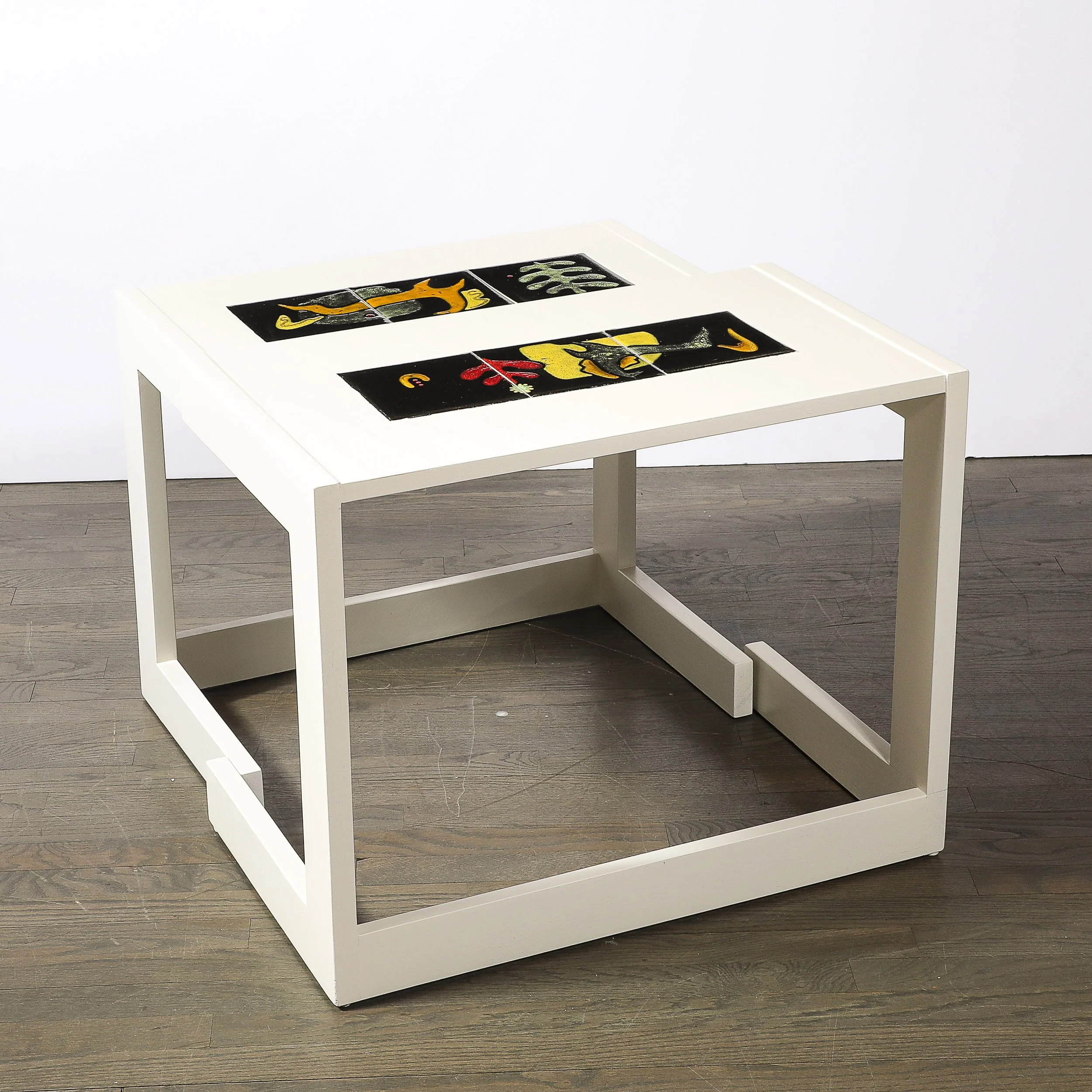Pair of White Lacquer & Ceramic Tile Vladimir Kagan Rectilinear Oak Side Tables - High Style Deco 14.jpg