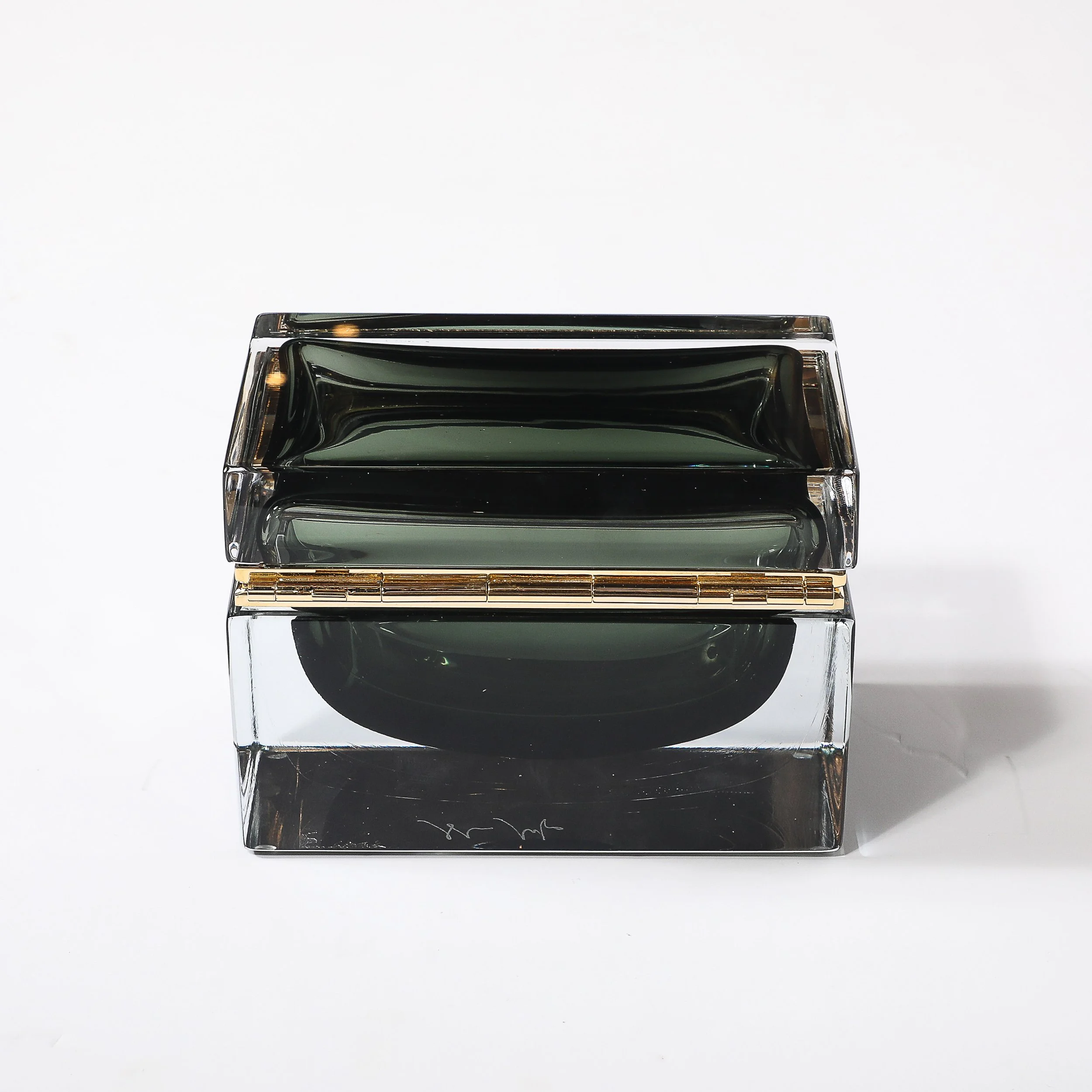 Modernist Handblown Murano Glass Box in Forrest Green w: Polished Brass Fittings - High Style Deco 7.jpg