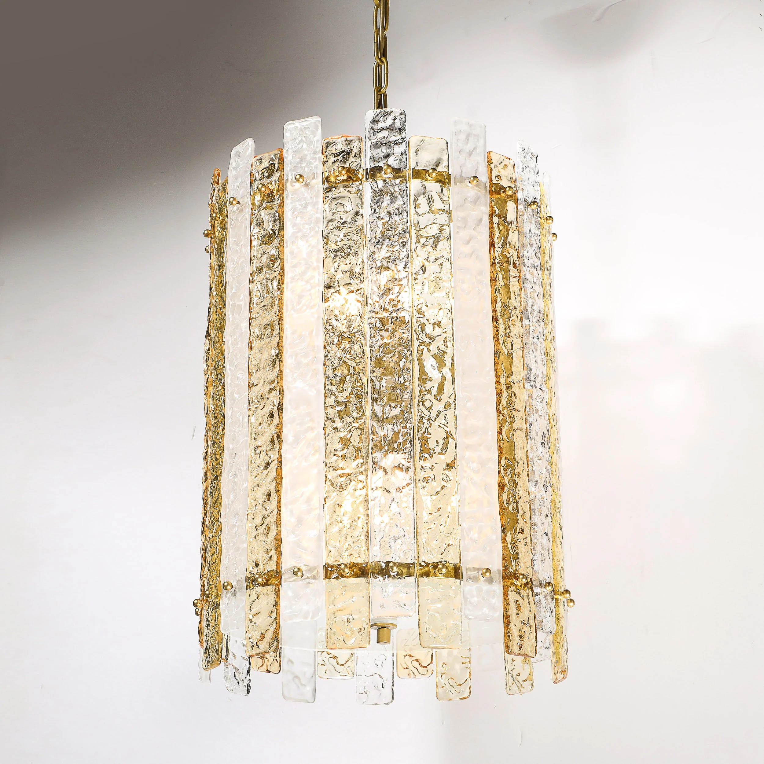 Modernist Hand-Blown Amber and Clear Murano Glass Paneled Cylindrical Chandelier - High Style Deco 6.jpg