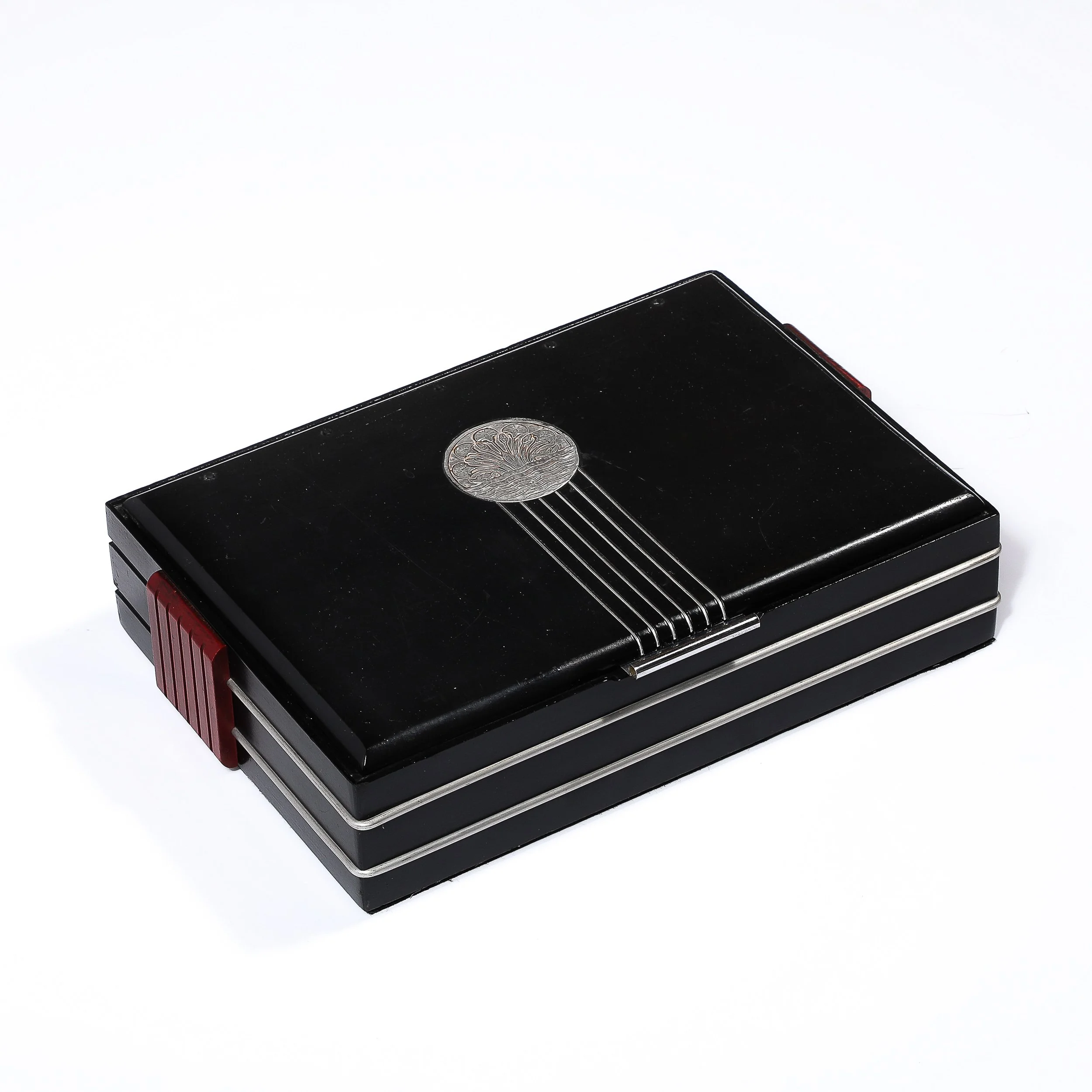 Art Deco Machine Age Aluminum Silvered Crest Lacquered Box w: Bakelite Handles - High Style Deco 4.jpg