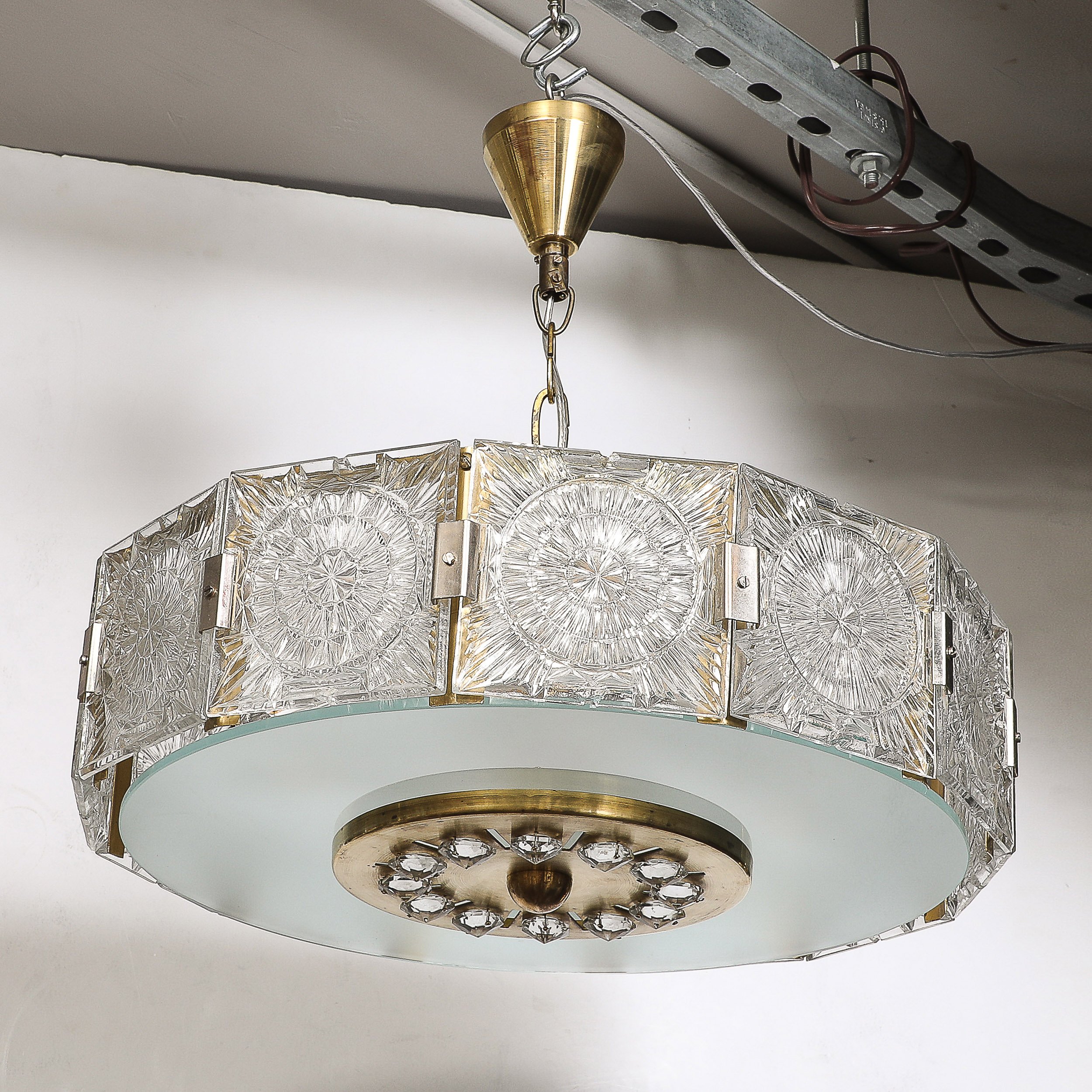 Mid-Century Modernist Pressed Glass Pendant Chandelier W: Frosted Diffuser - High Style Deco 9.jpg