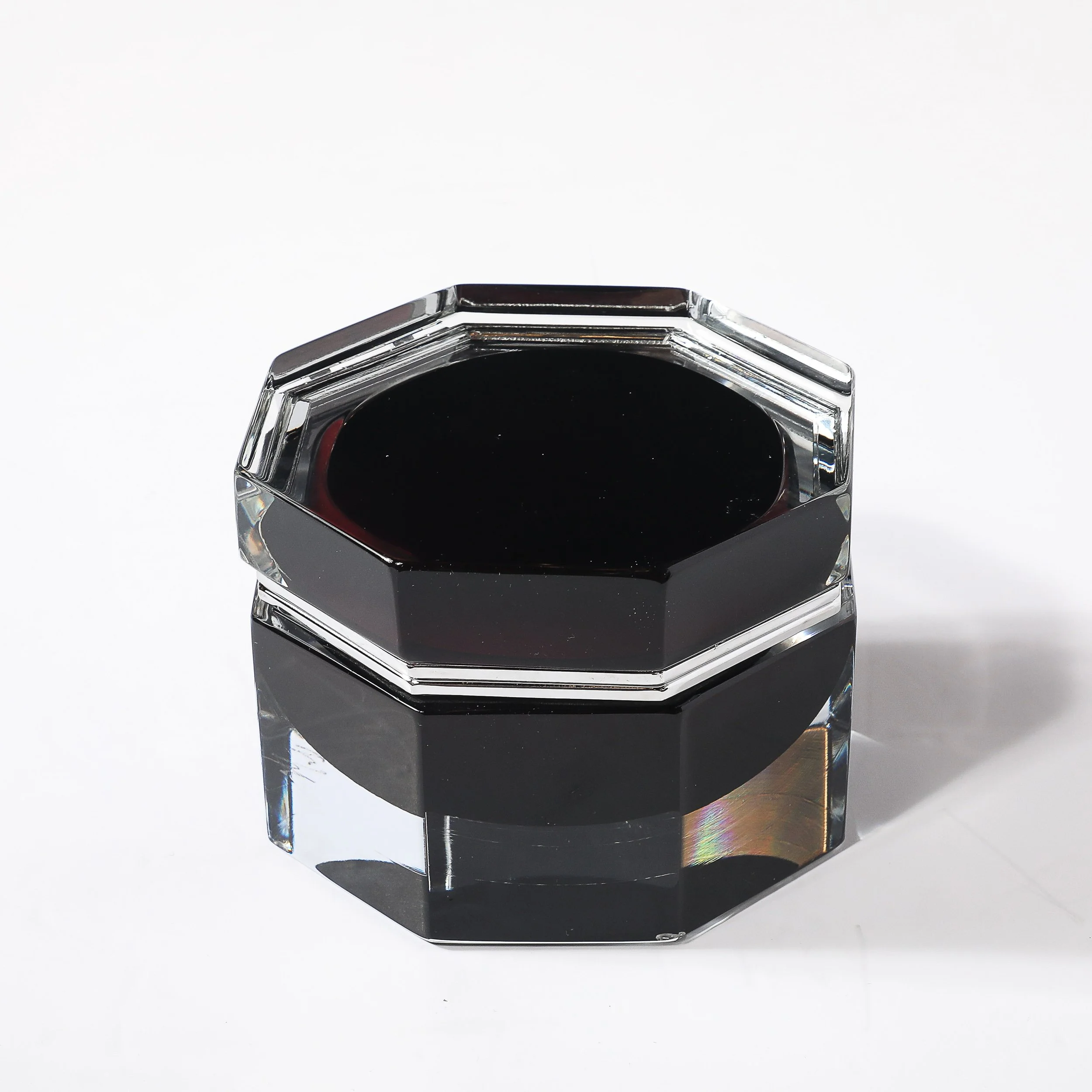 Modernist Octagonal Hand-Blown Blackened Garnet Murano Glass Box w: Nickel - High Style Deco 9.jpg