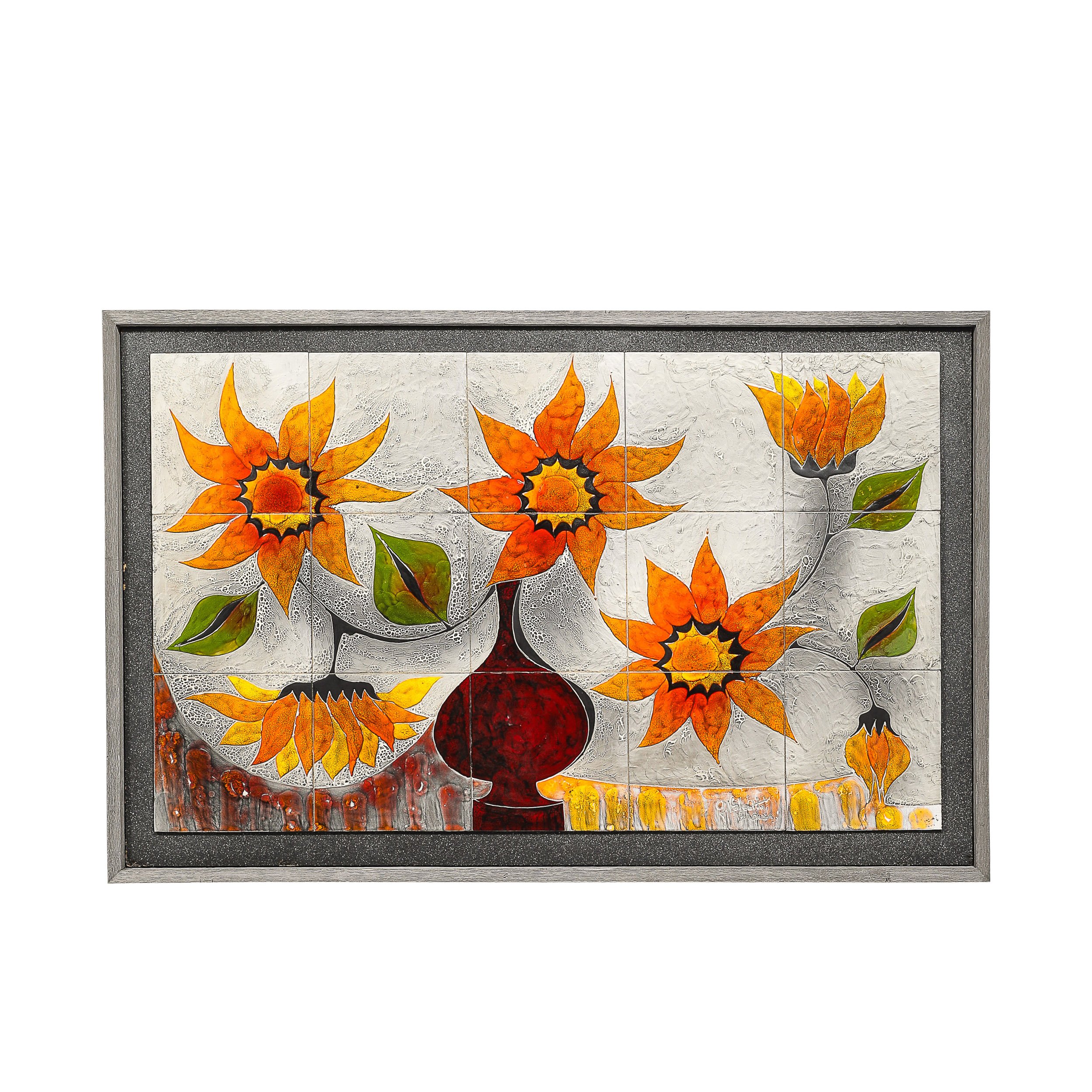 Modernist Ceramic Tile Wall Plaque of Sunflowers Signed Gilbert Valentin - High Style Deco.jpg