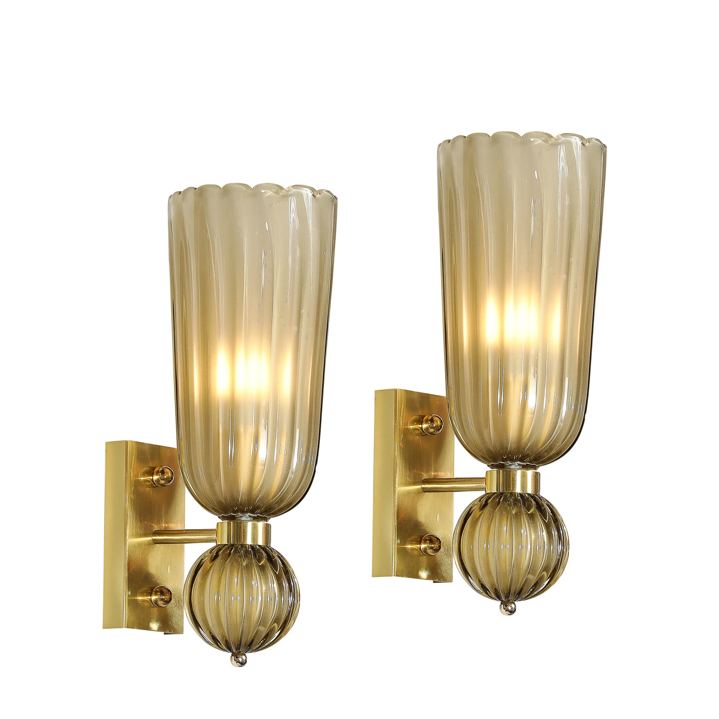 Pair of Modernist Hand-Blown Murano Fluted Glass Sconces in Frosted Smoked Topaz