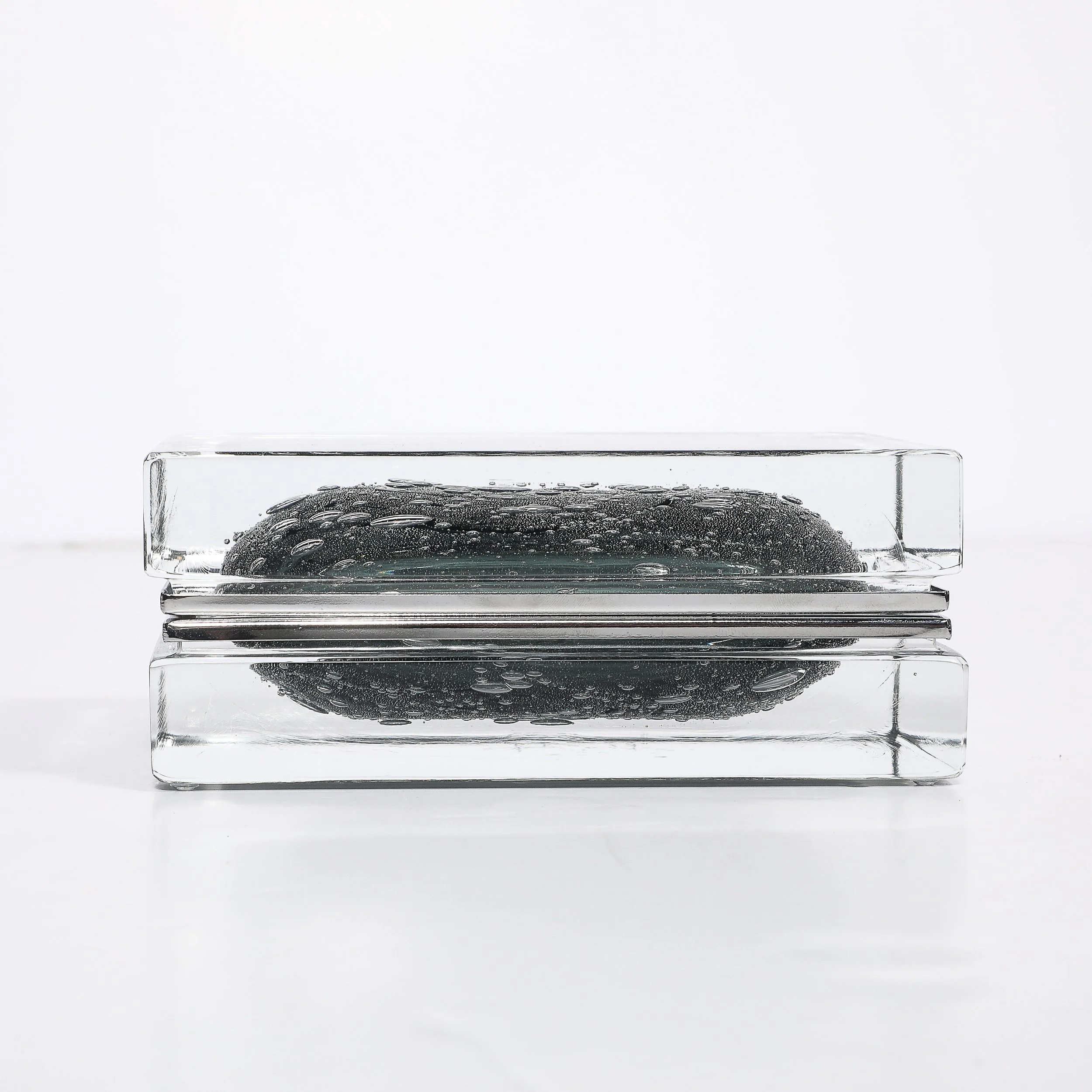 Modernist Handblown Murano Glass Box in Sage Grey W: Pulegoso Detailing & Nickel - High Style Deco 1.jpg
