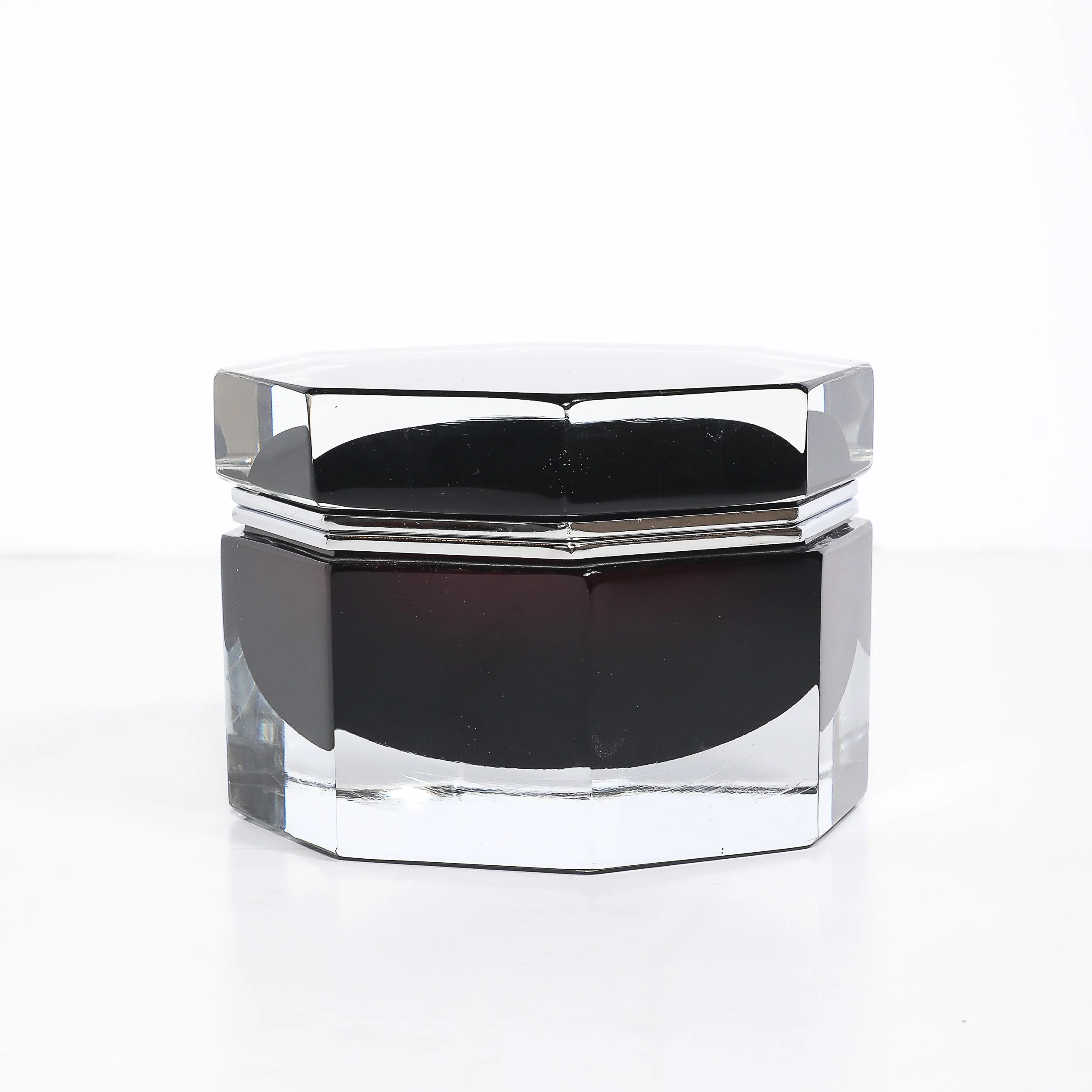 Modernist Octagonal Hand-Blown Blackened Garnet Murano Glass Box w: Nickel - High Style Deco 2.jpg