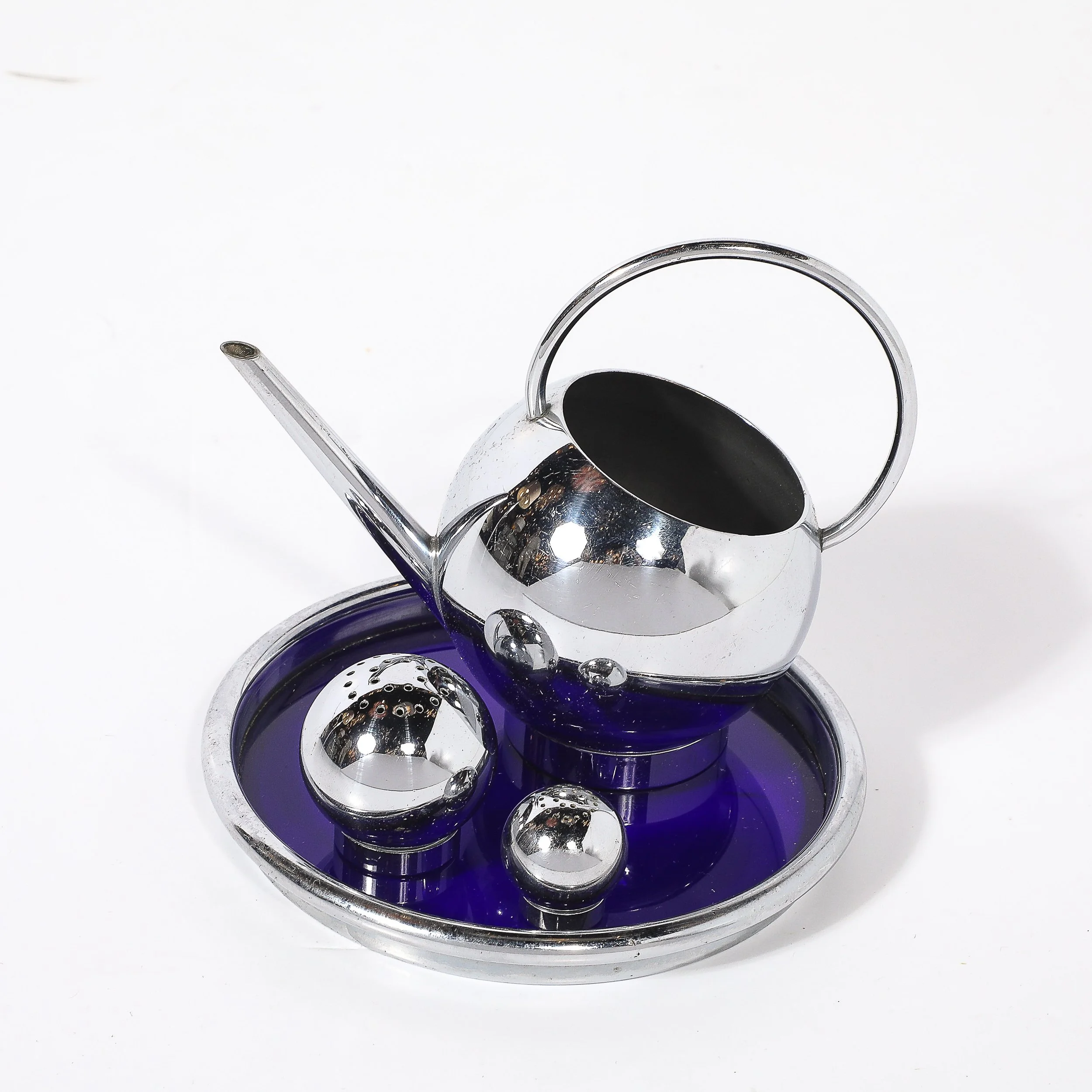 Art Deco Chrome Pancake Corn Set Blue Tray by Russel Wright for Chase - High Style Deco 1.jpg