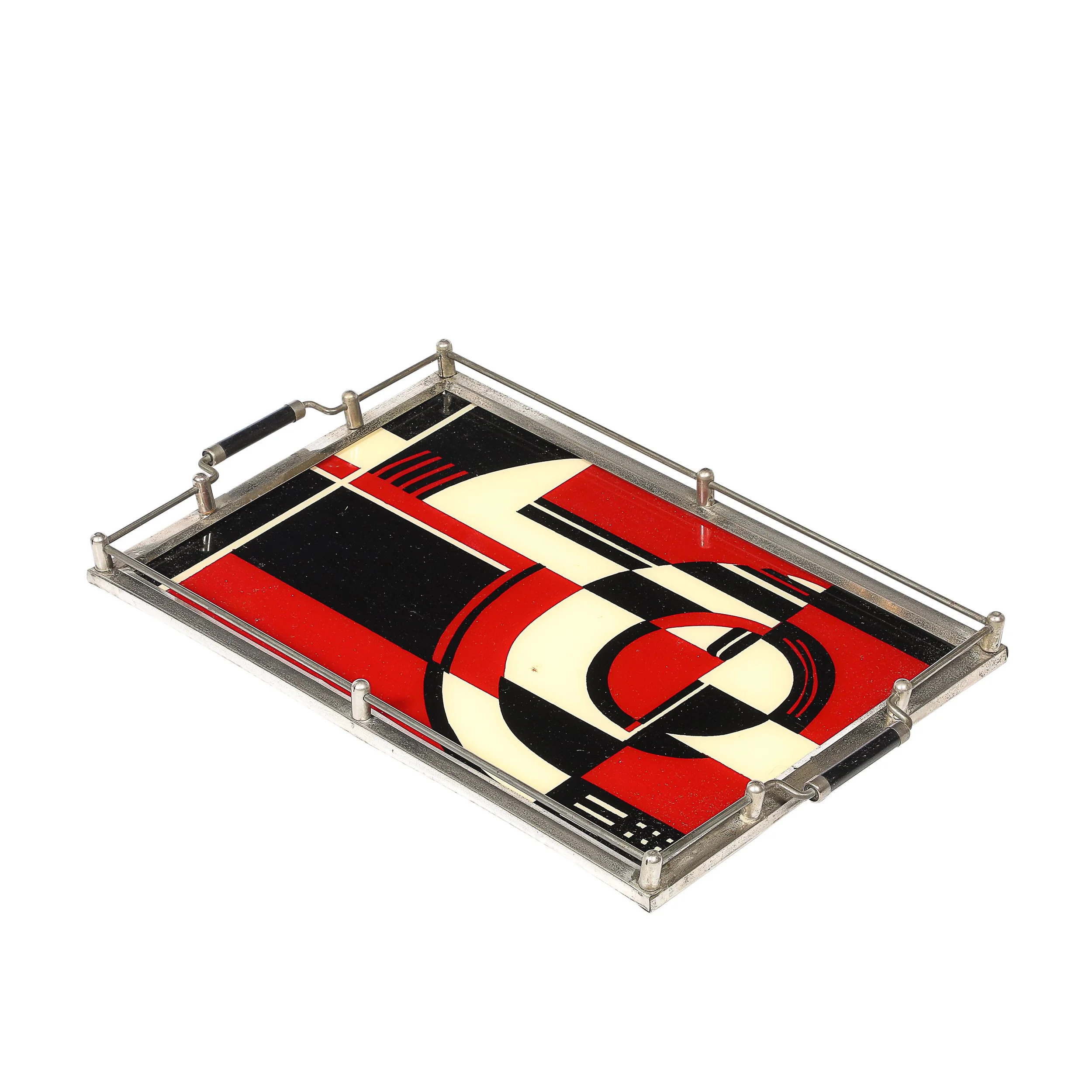 Documented Art Deco Spiral Cubist Eglomise White, Cream & Black Detailed Tray - High Style Deco.jpg