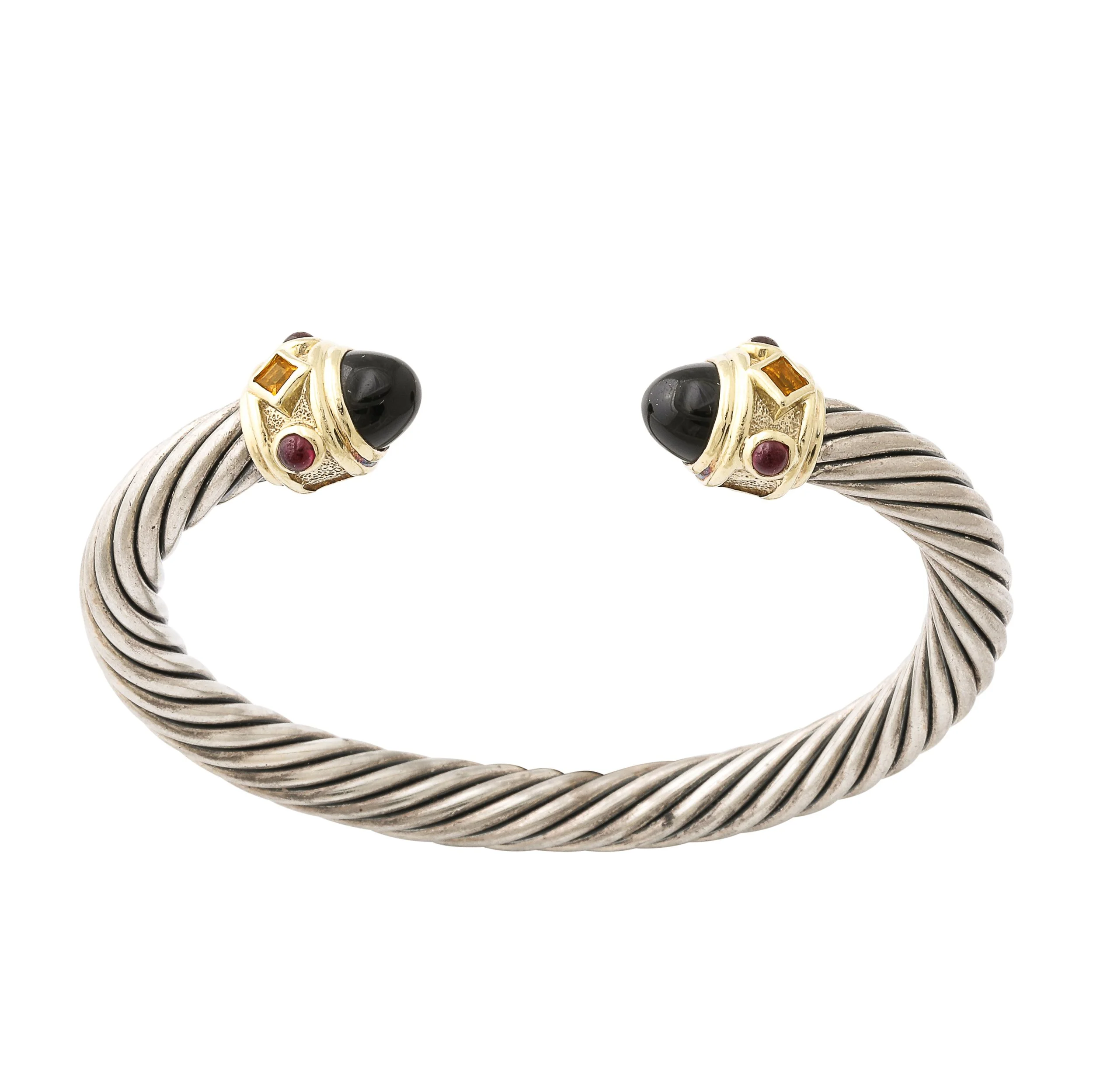 Modernist Sterling Silver, 14K Gold, Onyx, Garnet Cable Bracelet by David Yurman