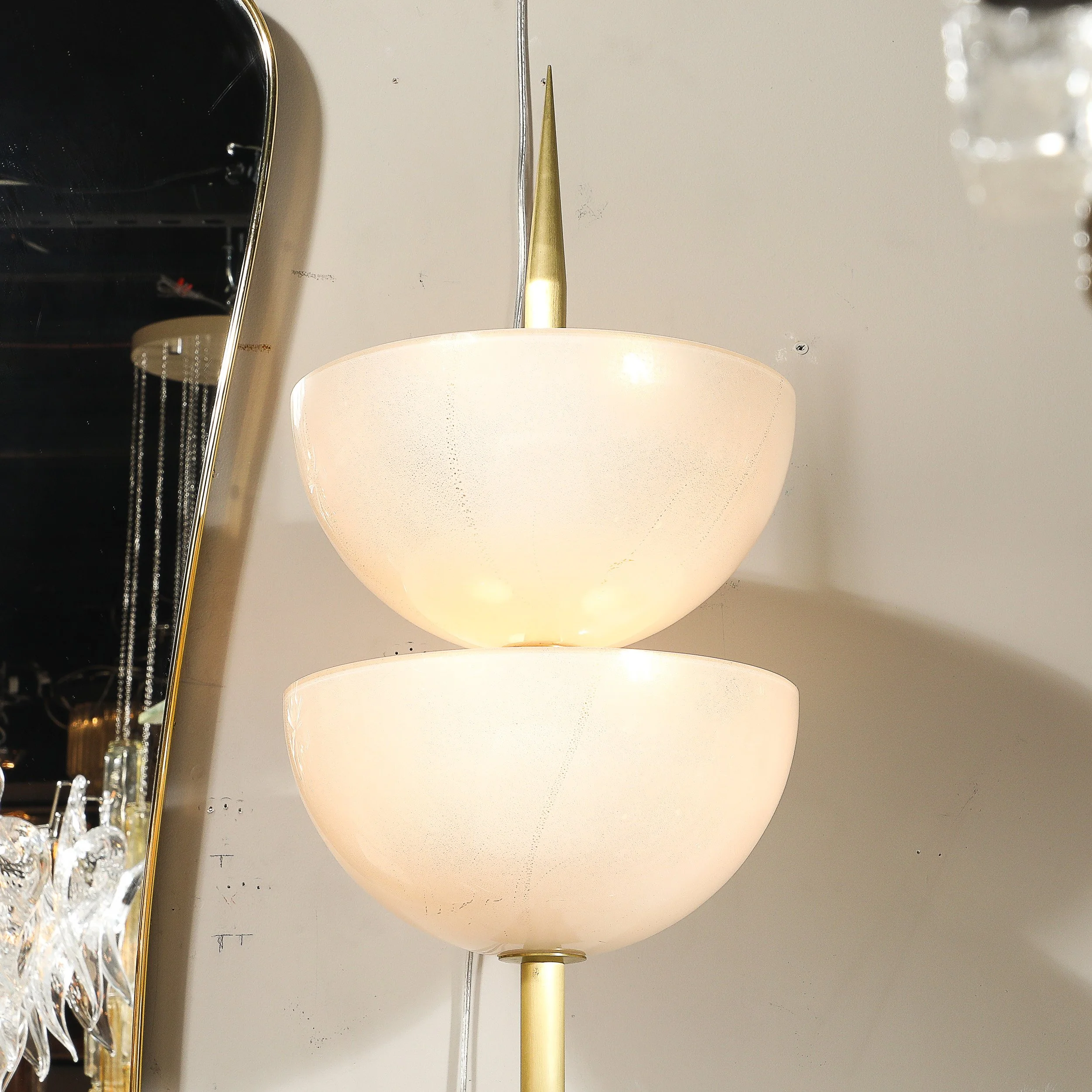 Modernist Hand-Blown Murano Glass Reverse Dome Form Brushed Brass Sconces - High Style Deco 5.jpg