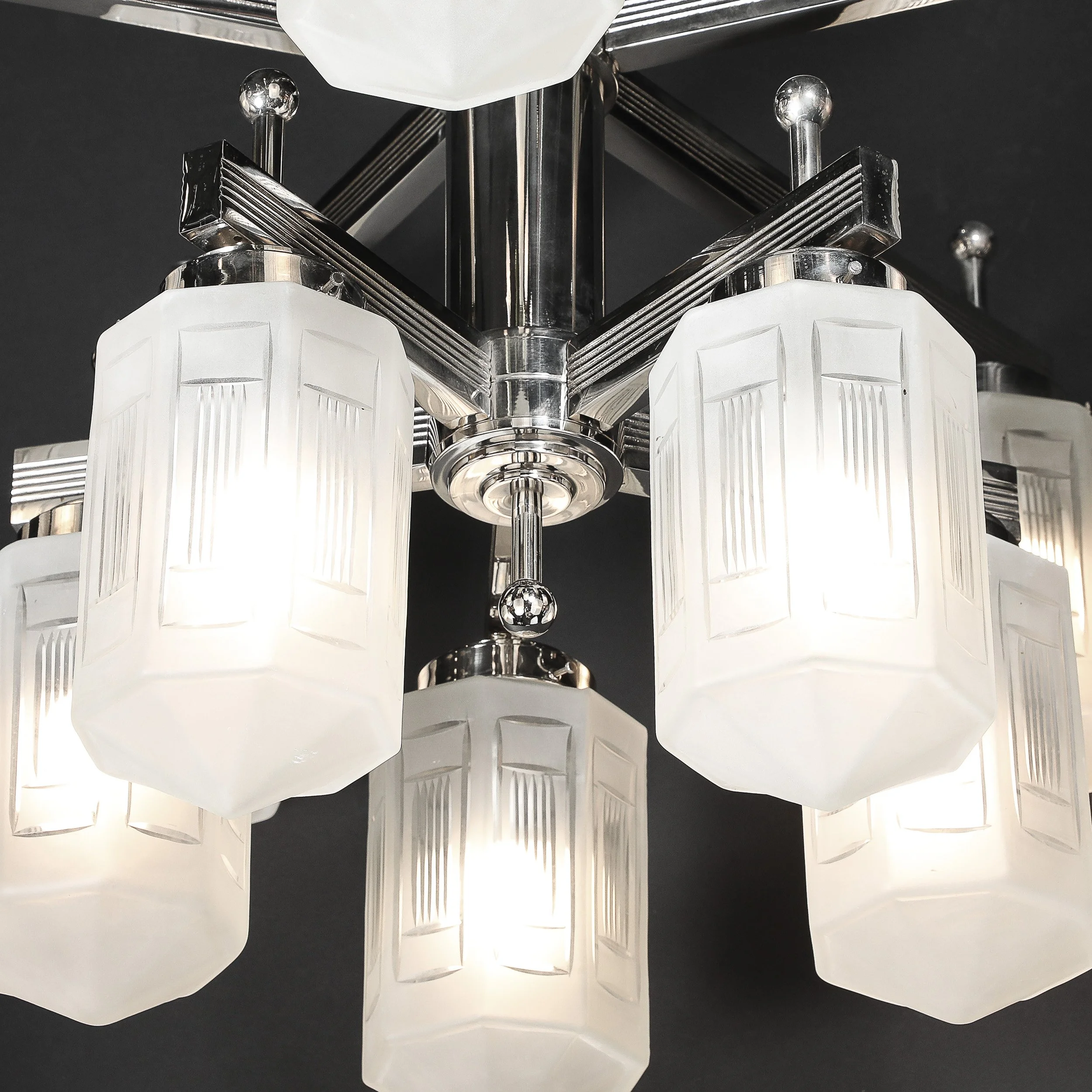 Art Deco Style 10 Arm Frosted & Etched Glass Chandelier w: Polished Nickel Frame - High Style Deco 18.jpg
