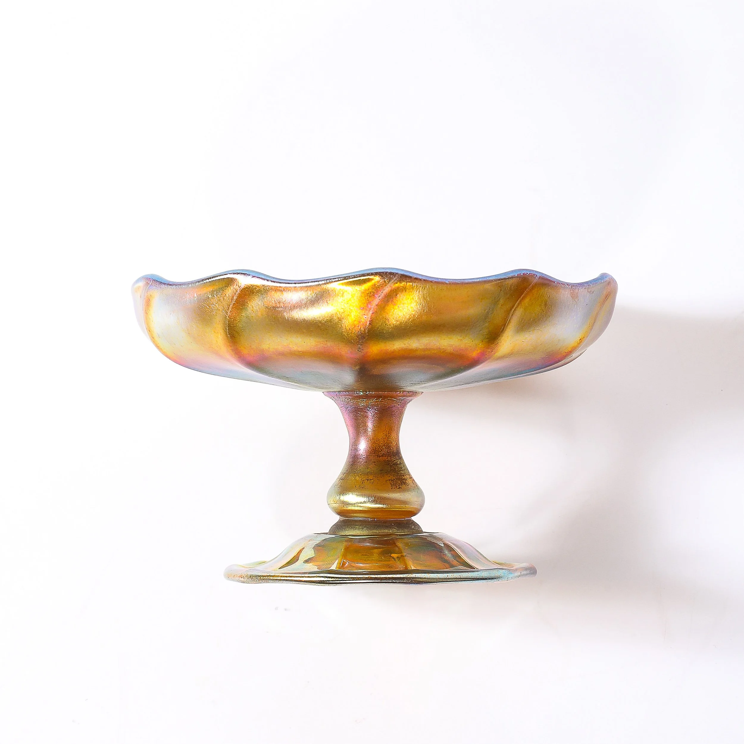 Art Nouveau Iridescent Yellow Blue Favrile Glass Footed Dish signed Tiffany & Co - High Style Deco 15.jpg