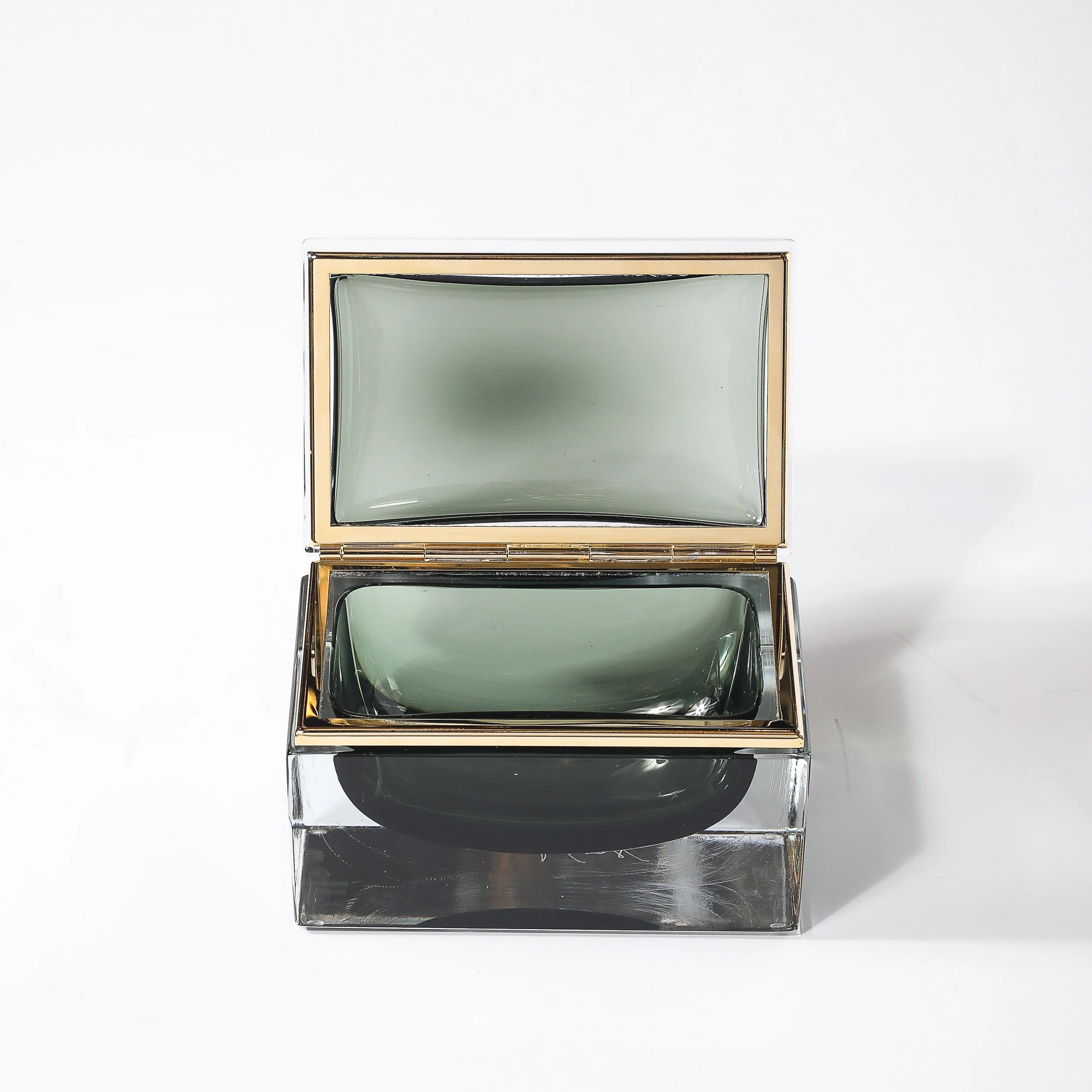 Modernist Handblown Murano Glass Box in Forrest Green w: Polished Brass Fittings - High Style Deco 11.jpg