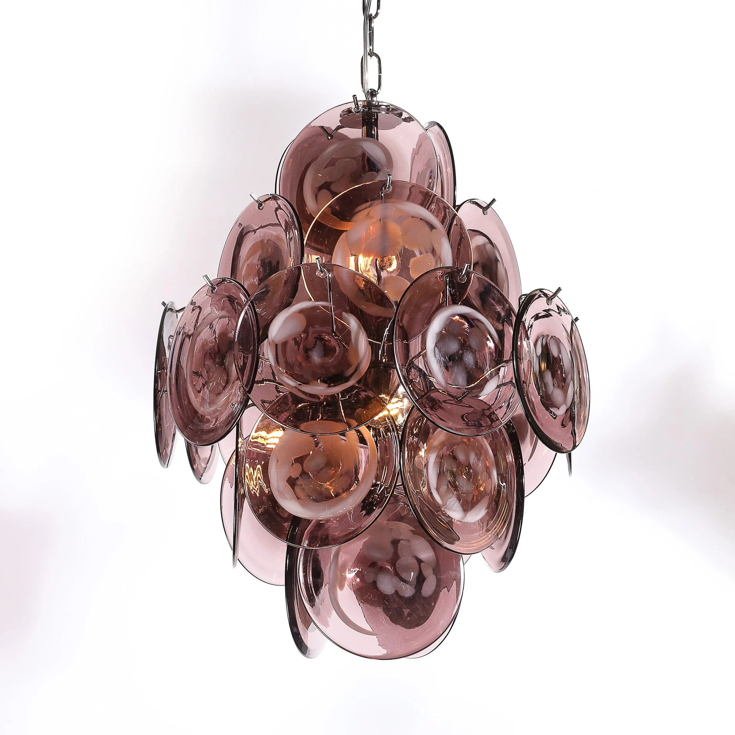 Modernist Hand-Blown Smoked Mauve Spotted Murano Glass Five-Tier Disc Chandelier - High Style Deco 1.jpg