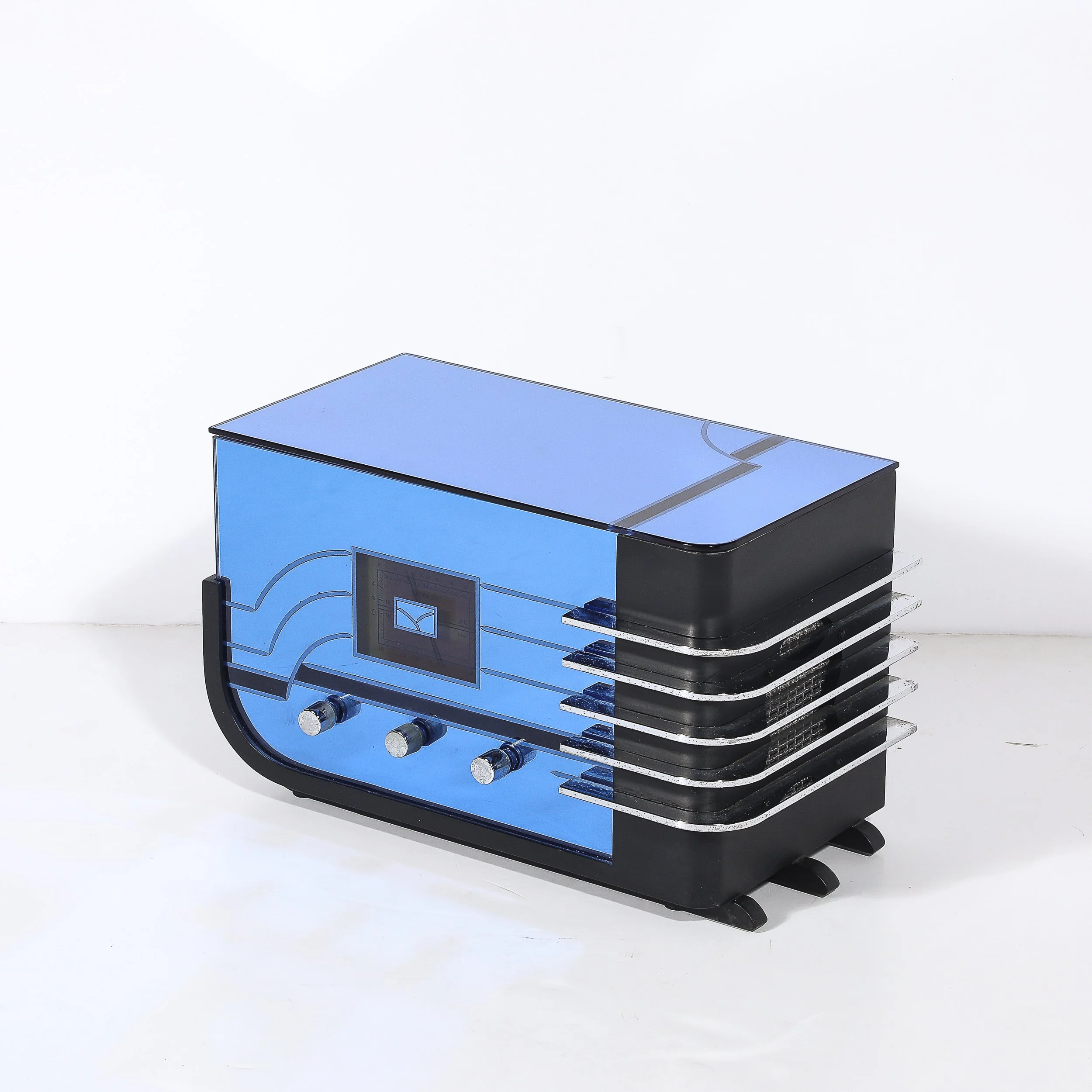 Art Deco Style Crosley CR38 Sleigh Radio in Blue Glass & Chrome - High Style Deco 2.jpg