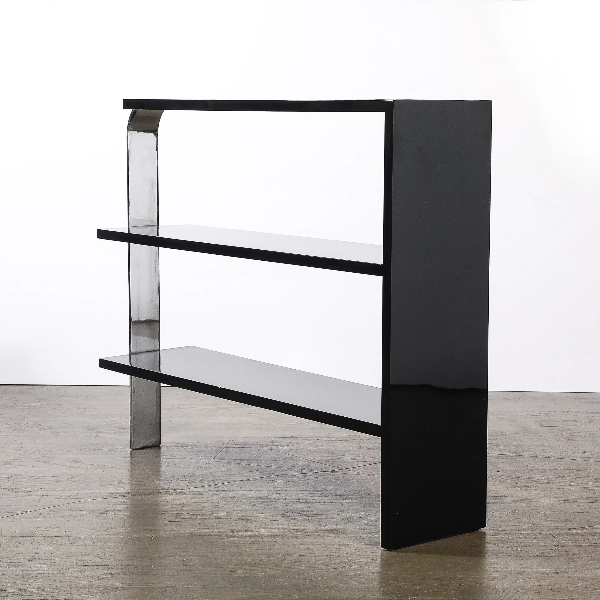 Art Deco Streamlined 3-Tier End Table:Bookcase in Black Lacquer w: Curved Chrome - High Style Deco 9.jpg