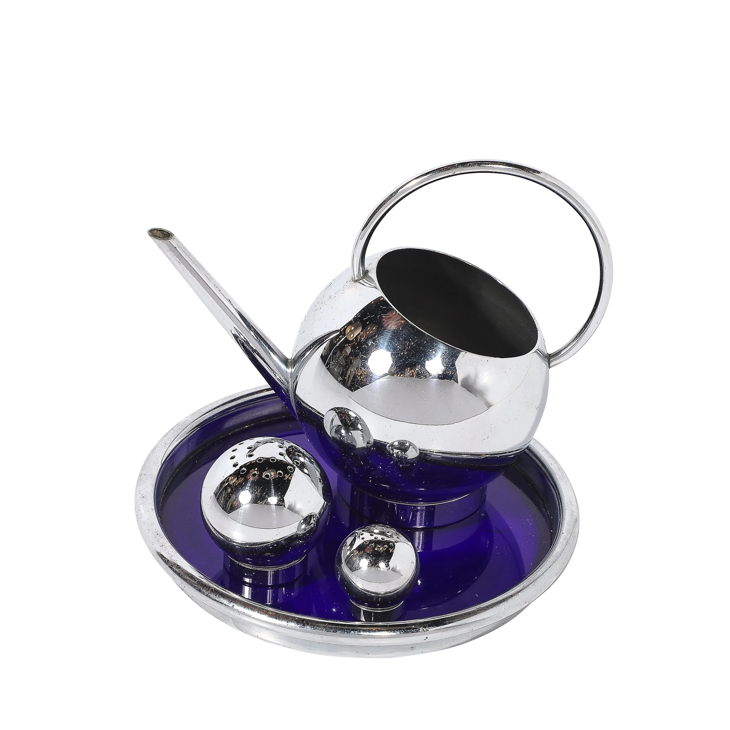 Art Deco Chrome Pancake Corn Set Blue Tray by Russel Wright for Chase - High Style Deco.jpg