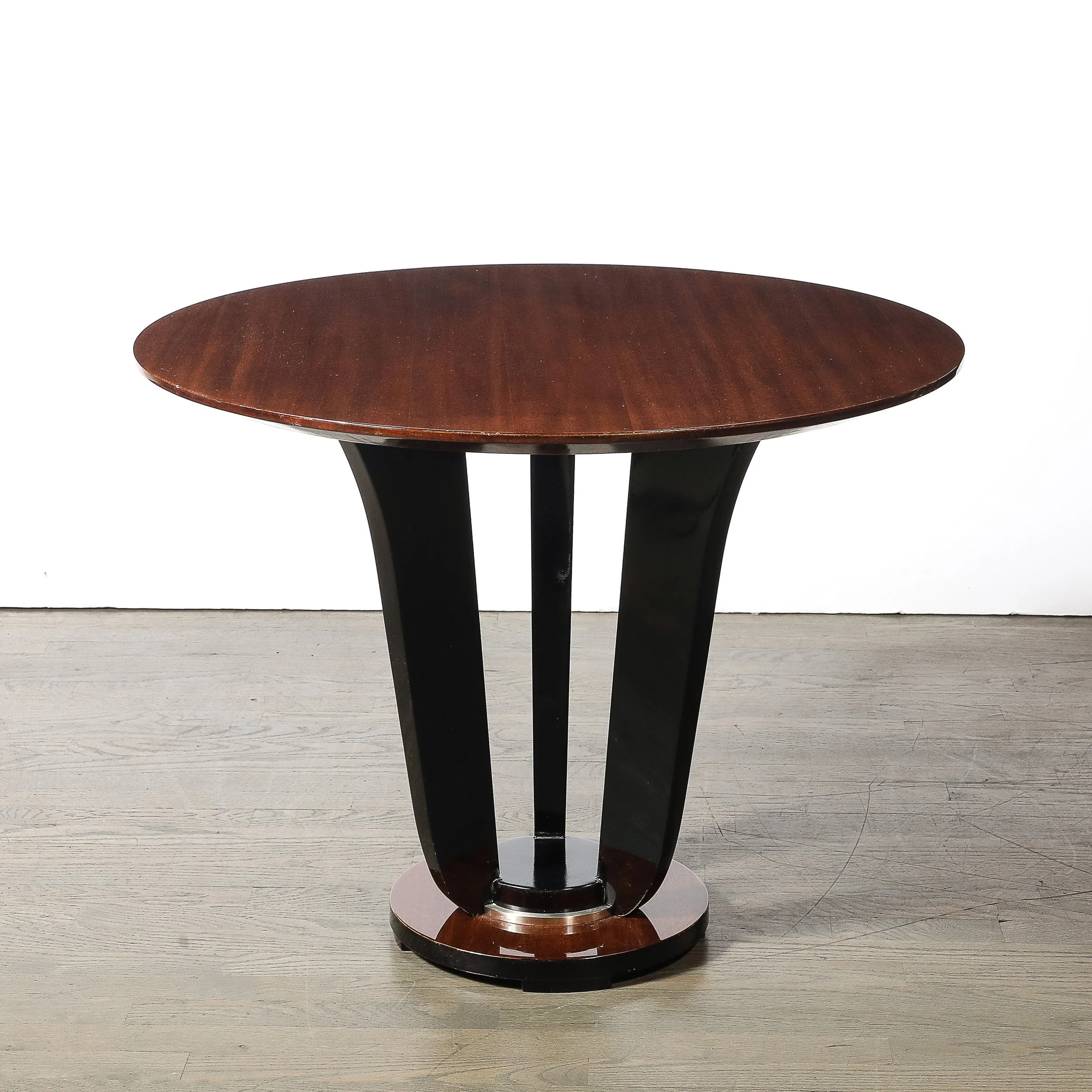Art Deco Machine Age Bookmatched Walnut Gueridon Table w: Black Lacquer Supports - High Style Deco 4.jpg