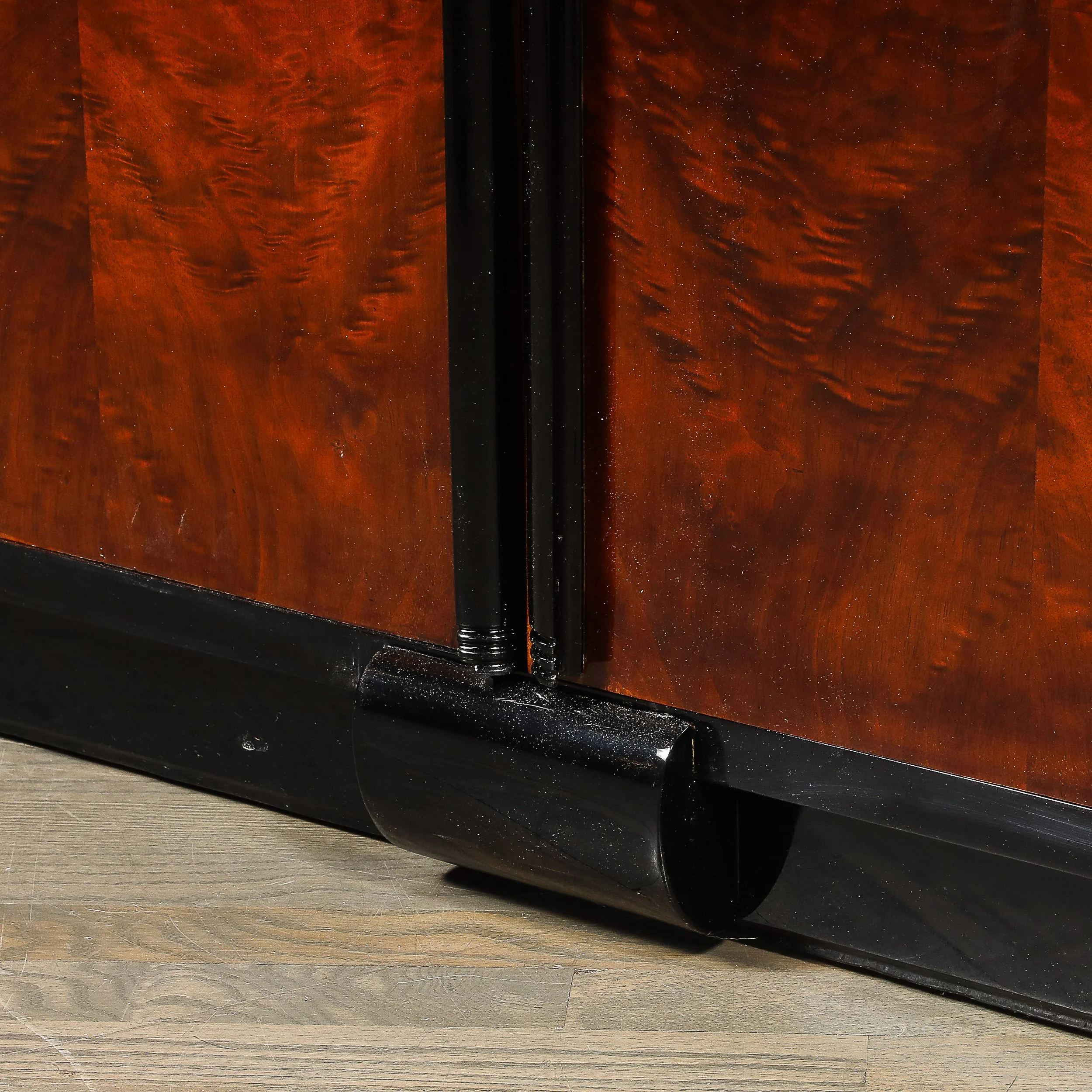 Art Deco Machine Age Waterfall Front Book-Matched Walnut & Black Lacquer Cabinet - High Style Deco 9.jpg