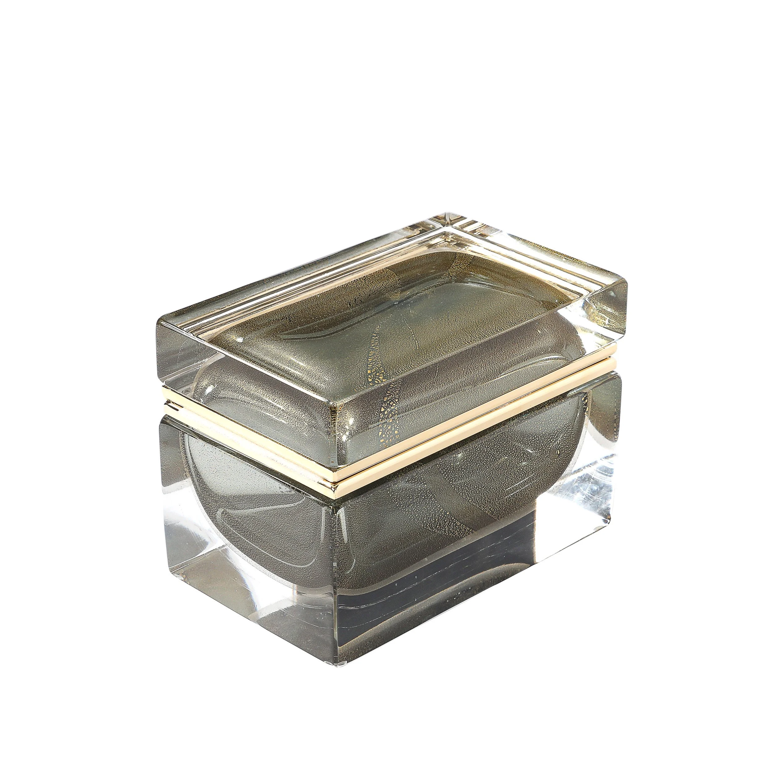 Modernist Hand-Blown Murano Glass Box in Muted Green w: 24 Karat Gold & Brass - High Style Deco.jpg