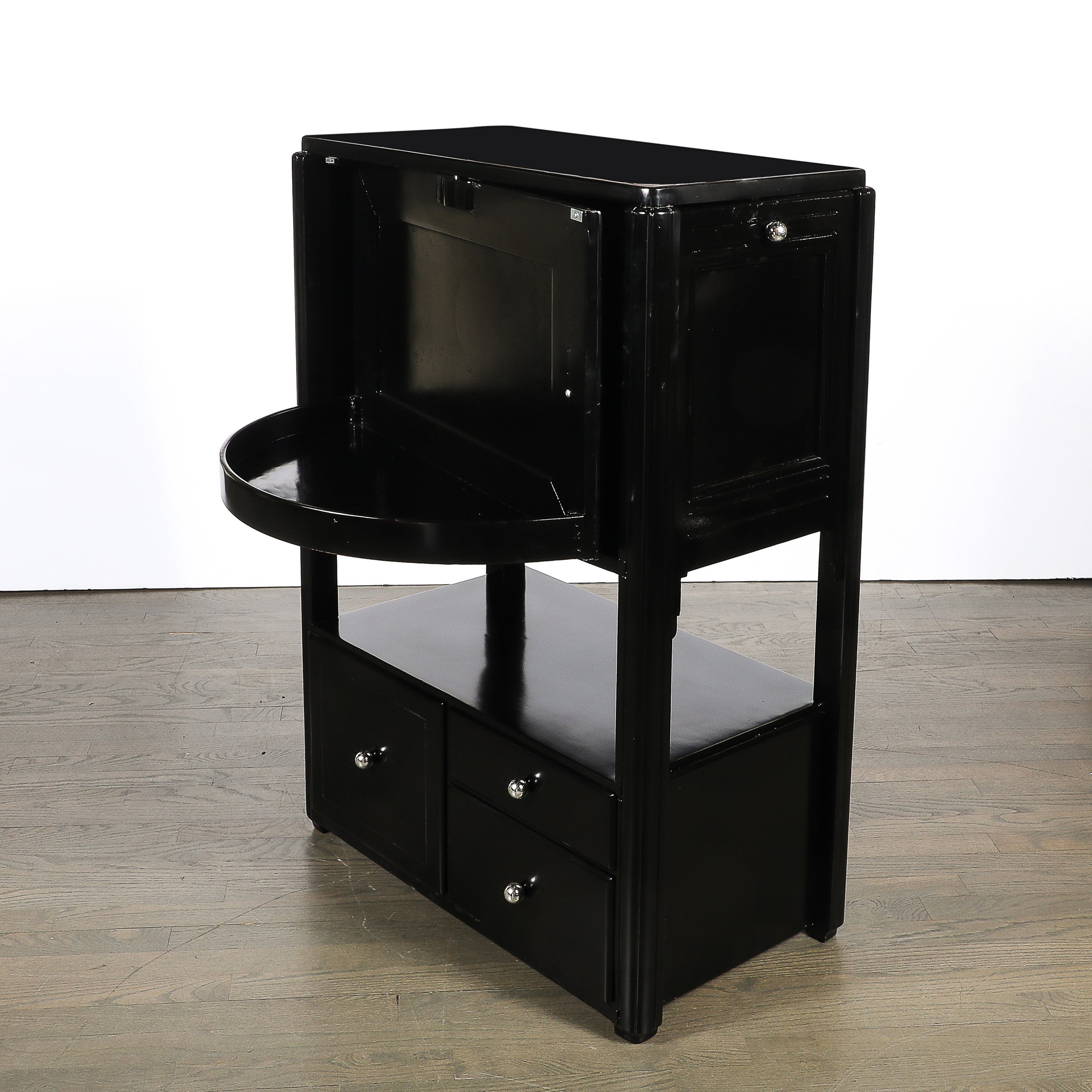 Art Deco Machine Age Bar Cabinet in Black Lacquer with Swivel and Drop Doors - High Style Deco 10.jpg (Copy)