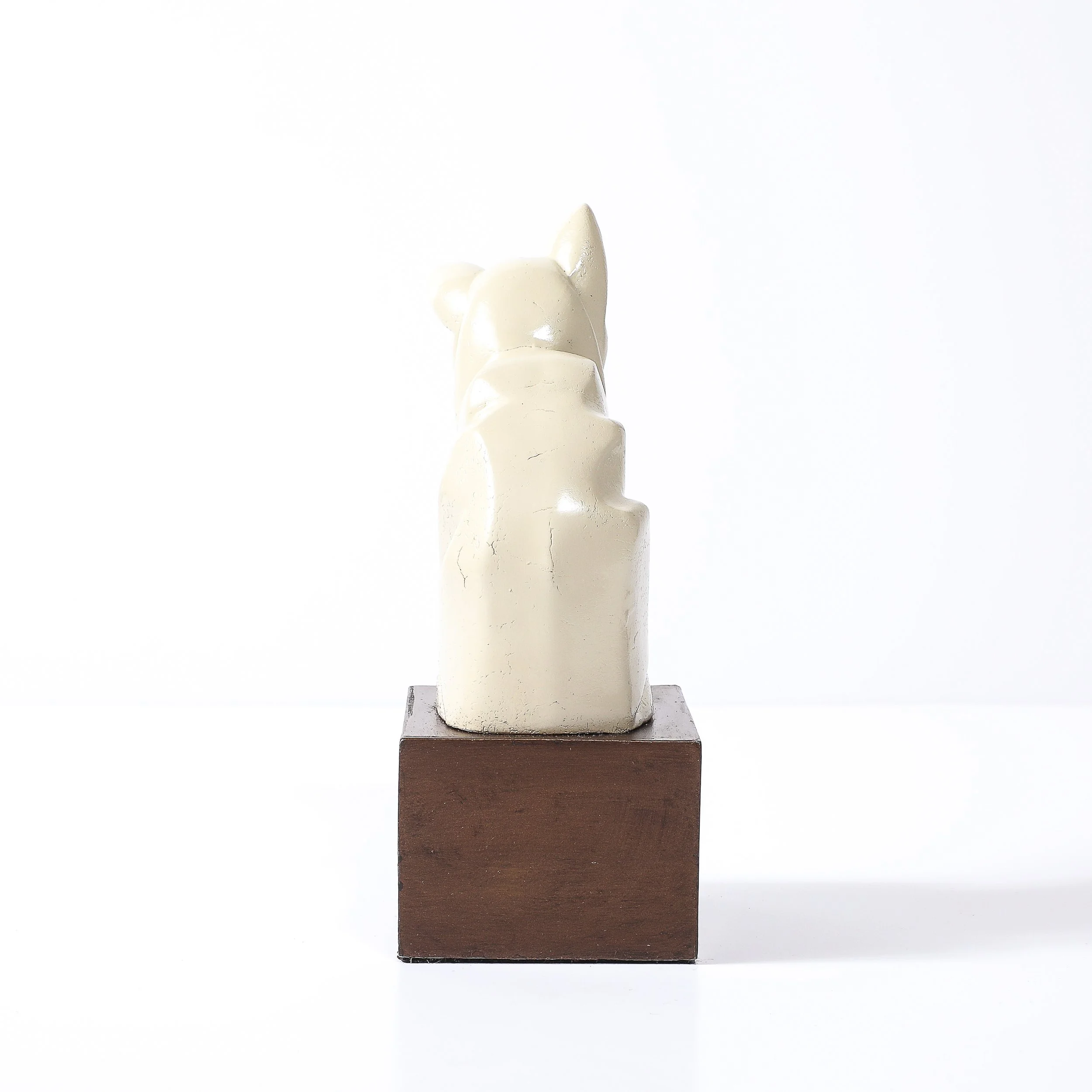 Art Deco Cubist Cat Sculpture in Cream Enamel on Brown Rectilinear Base - High Style Deco 6.jpg