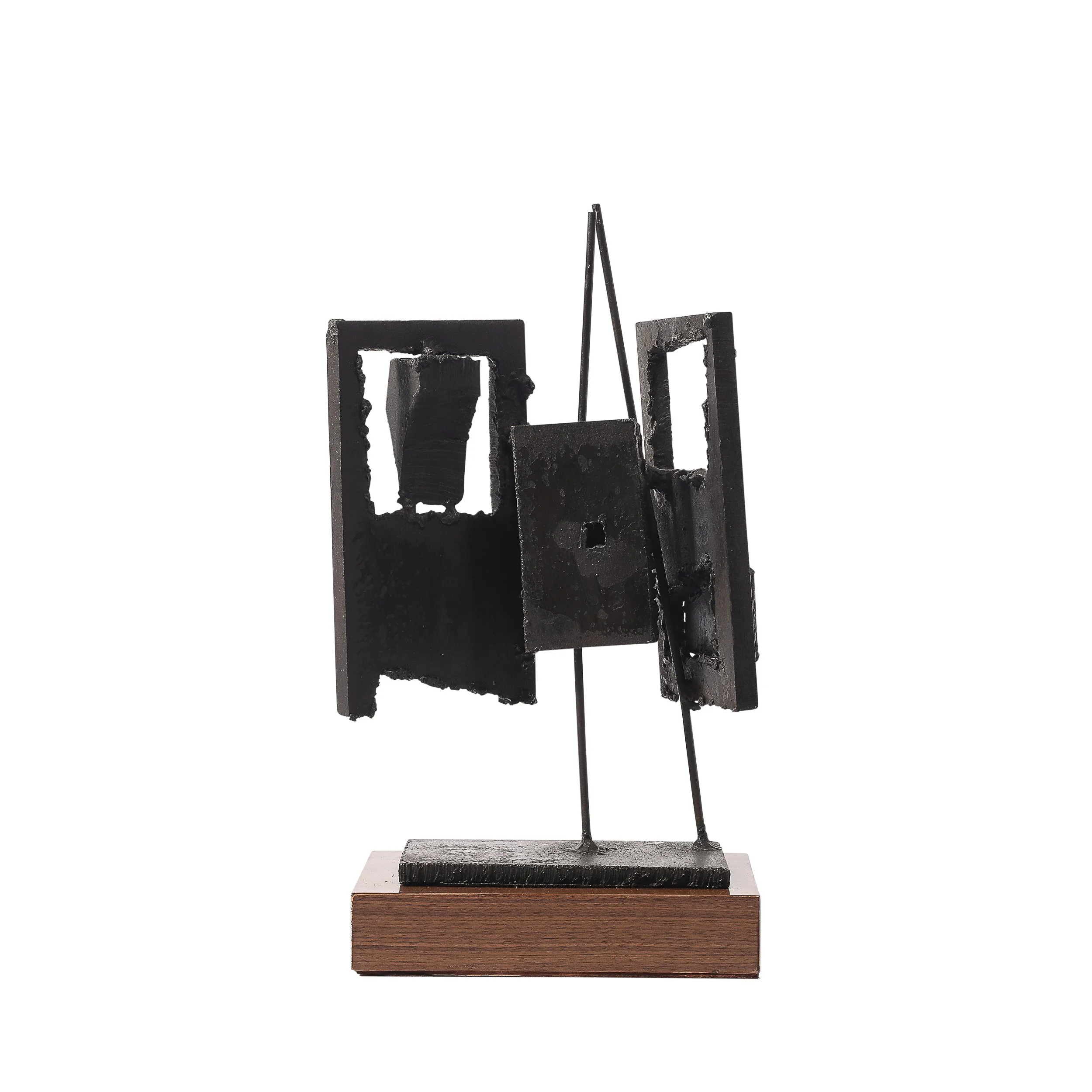 Mid-Century Torch Cut Steel Brutalist Sculpture on Walnut signed John Balossi