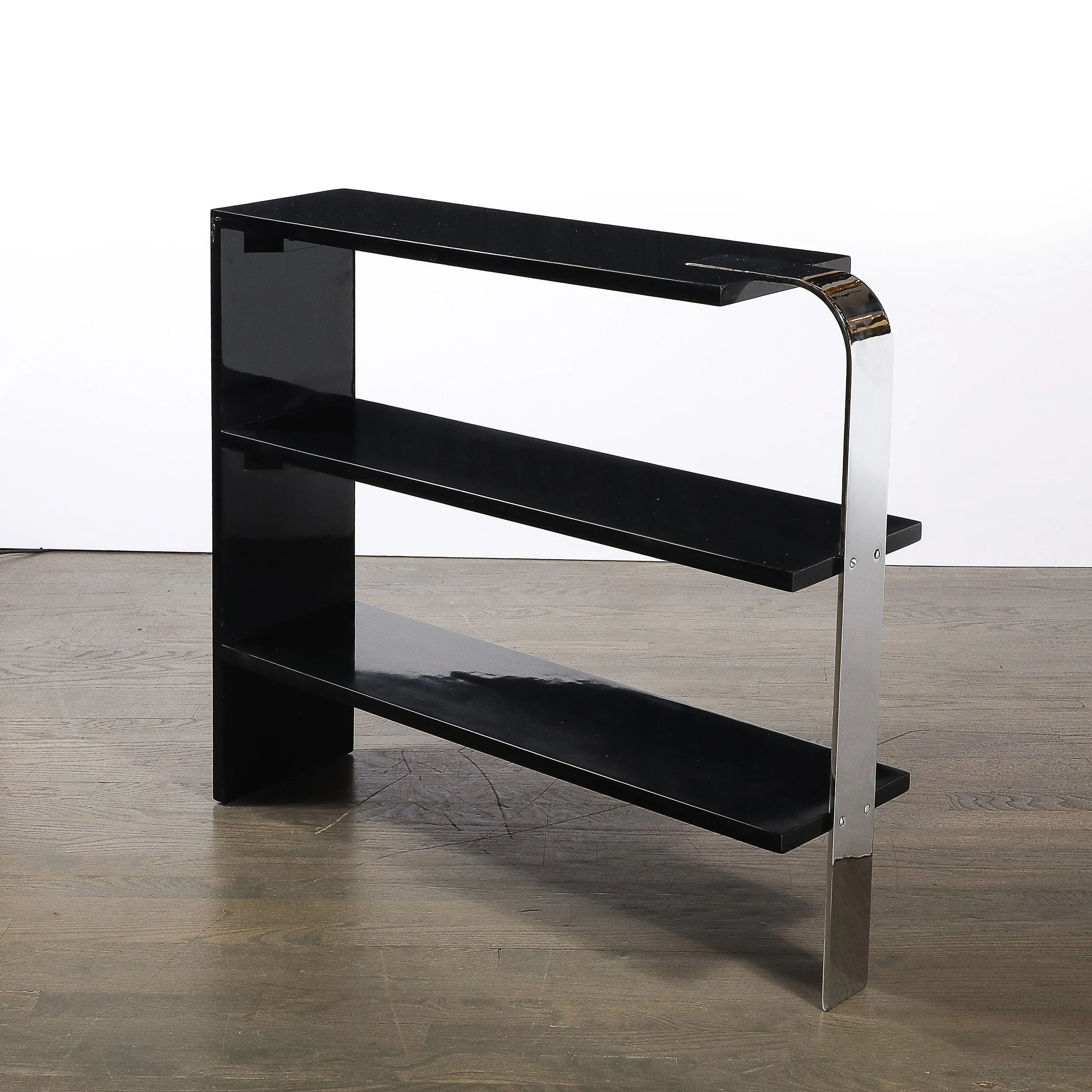 Art Deco Streamlined 3-Tier End Table:Bookcase in Black Lacquer w: Curved Chrome - High Style Deco 5.jpg