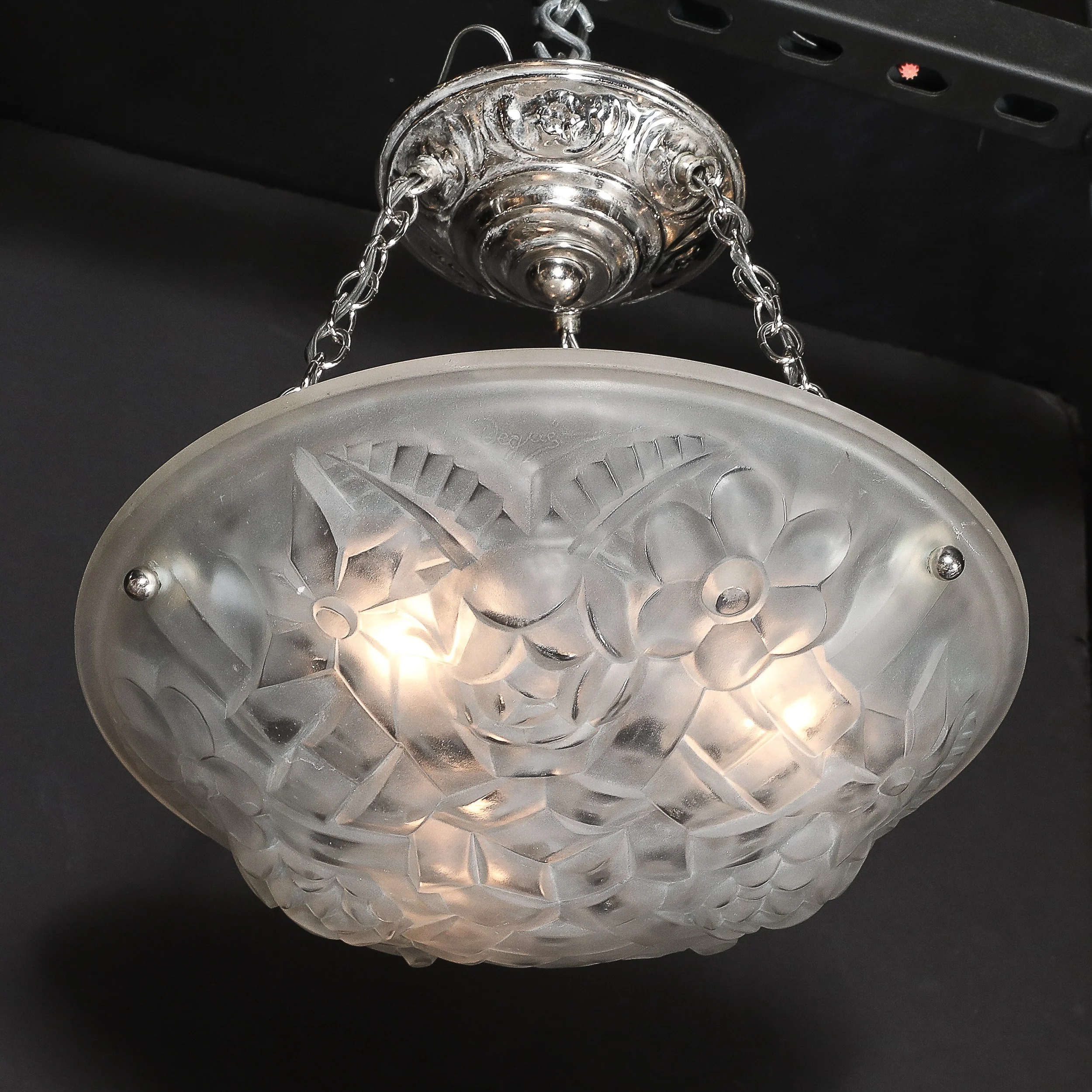 Art Deco Frosted Glass Floral Cubist Chandelier w: Chrome Fittings Signed Degué - High Style Deco 4.jpg