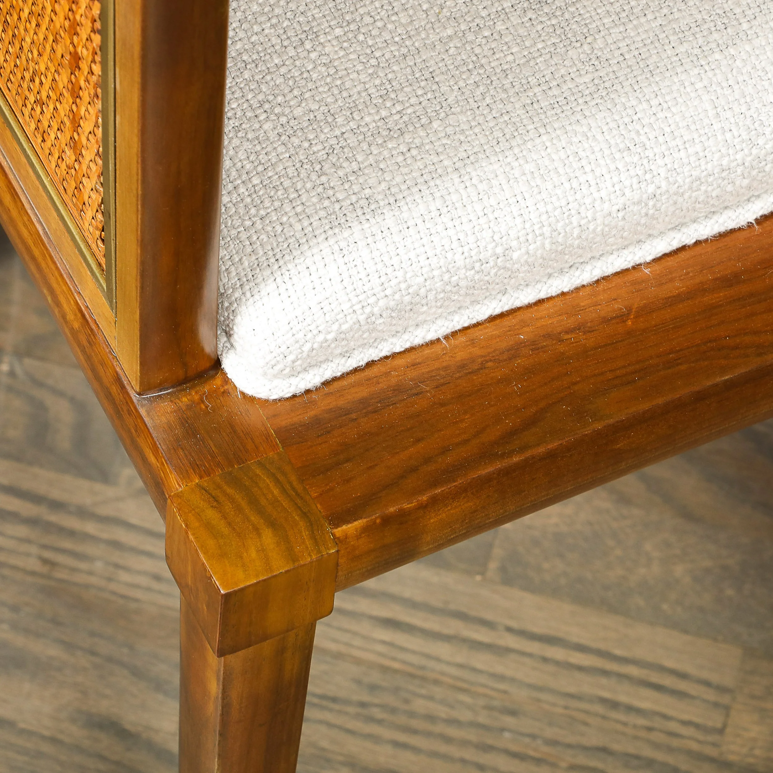 Mid-Century Brass Lined Walnut Settee w: Cane Detailing & Holly Hunt Upholstery - High Style Deco 22.jpg