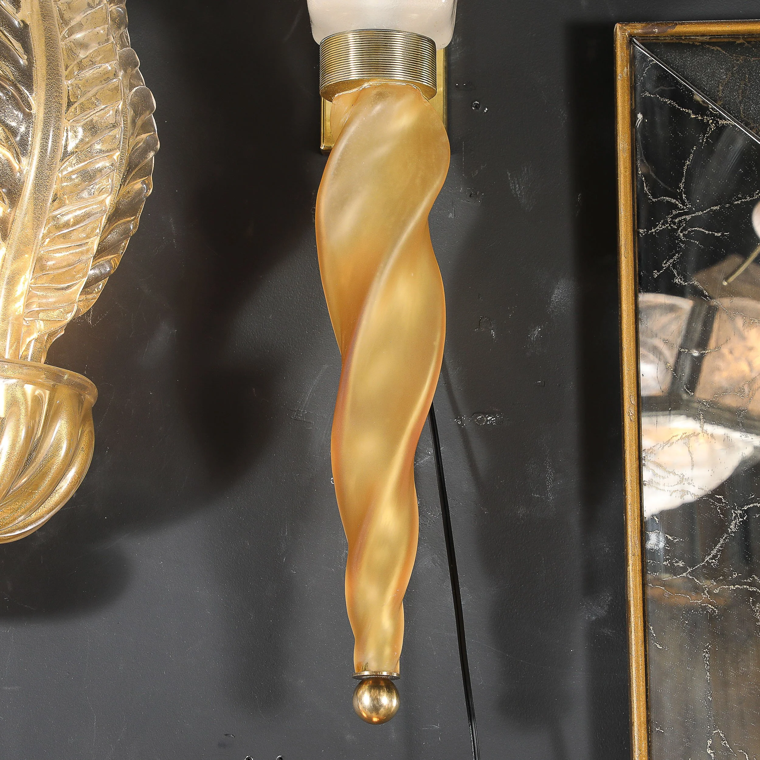 Mid-Century Hand-Blown Murano Frosted Glass Sconces with Spiral Amber Drop - High Style Deco 2.jpg