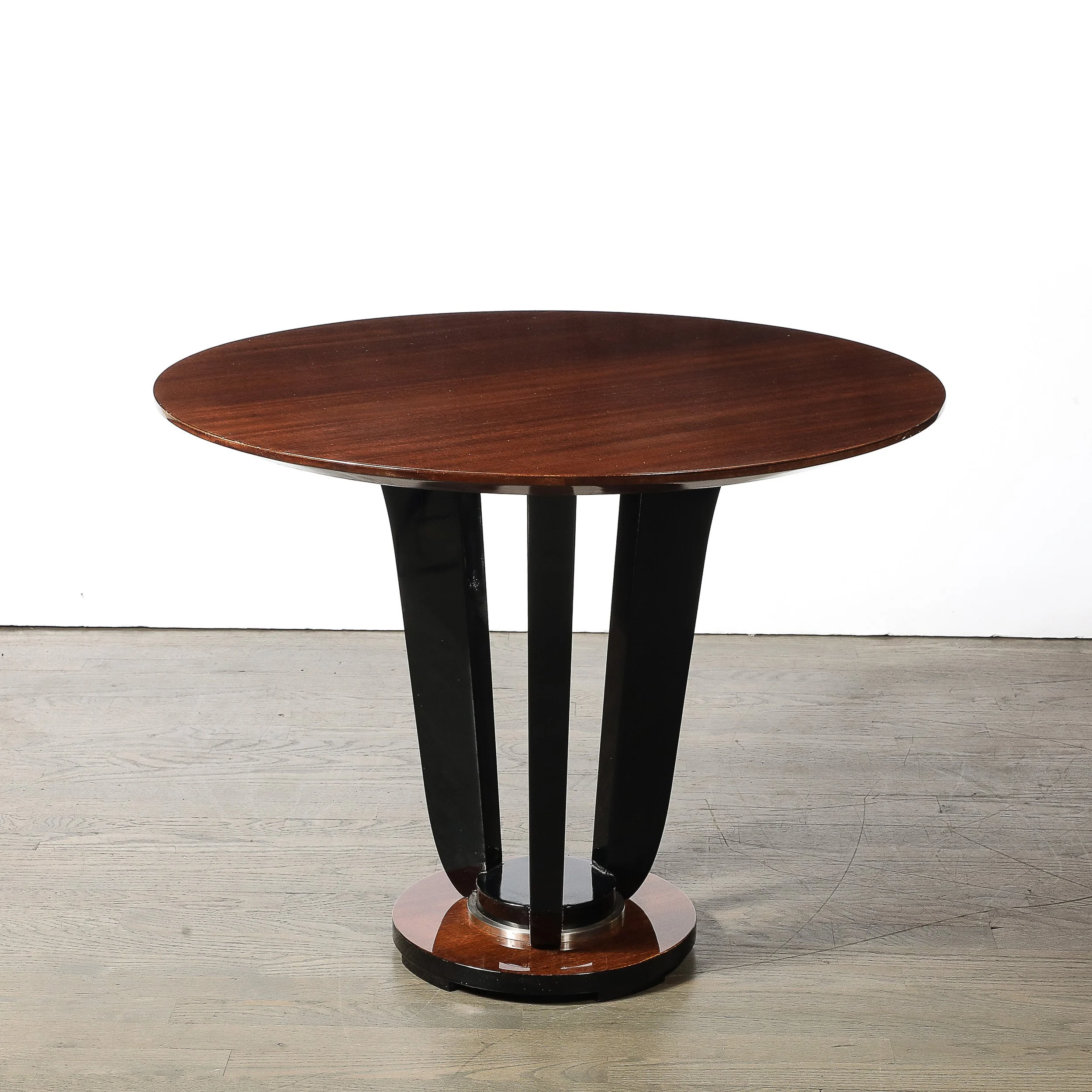 Art Deco Machine Age Bookmatched Walnut Gueridon Table w: Black Lacquer Supports - High Style Deco 7.jpg