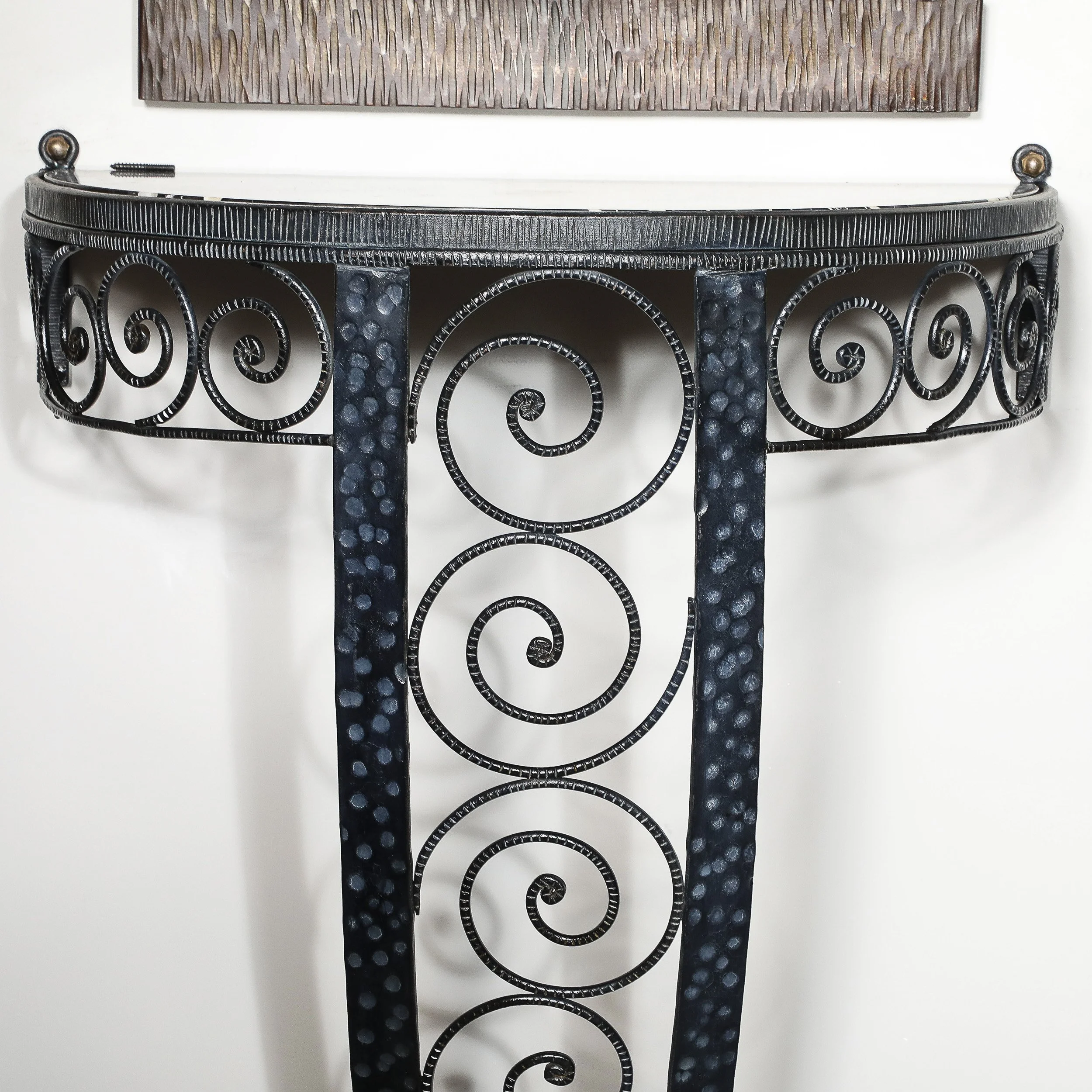 Art Deco Demilune Wrought Iron Spiral Motif & Porto Marble Inset Console Table - High Style Deco 2.jpg