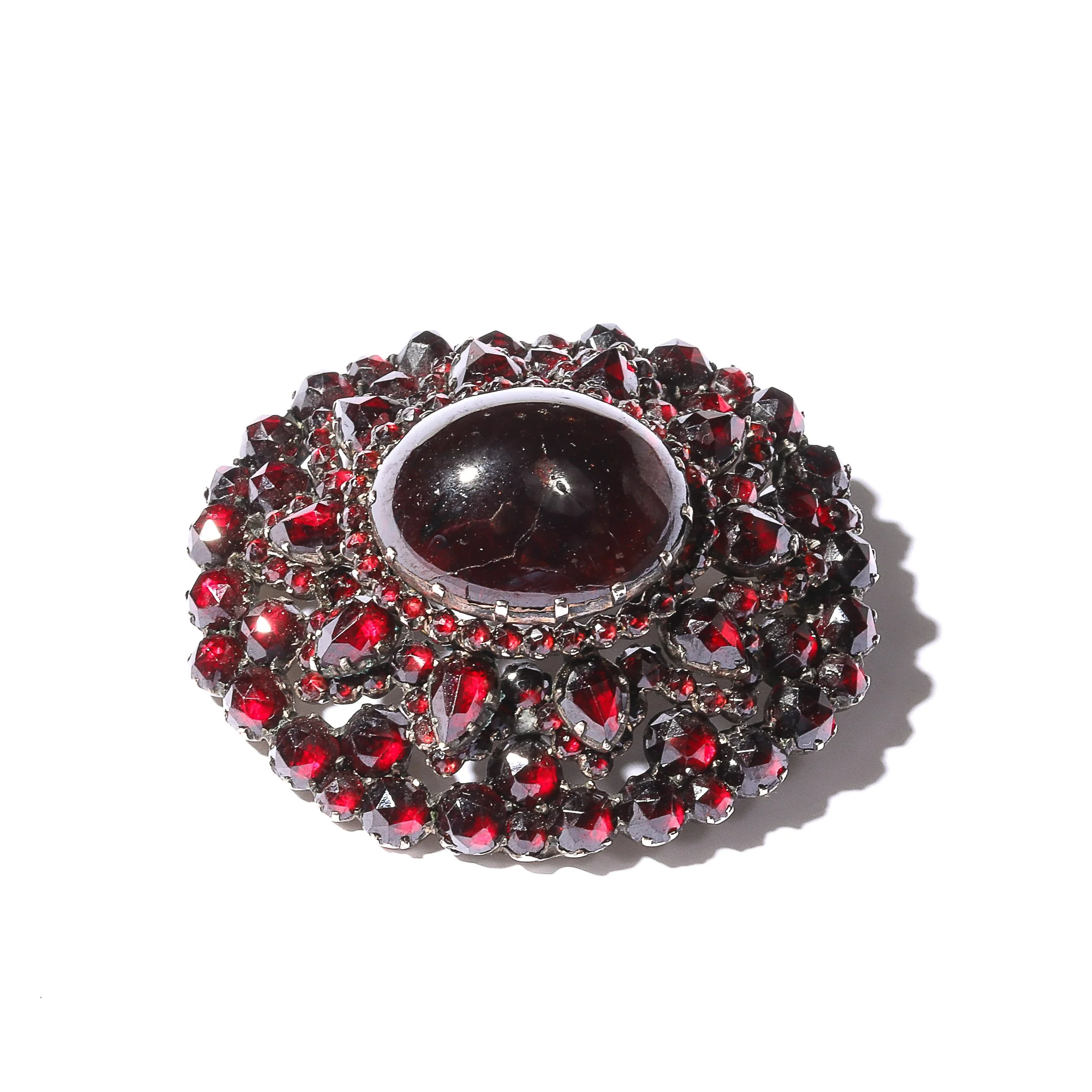 Antique Bohemian Brooch Encrusted W: Garnets & Central Cabochon in Gold Setting - High Style Deco 2.jpg