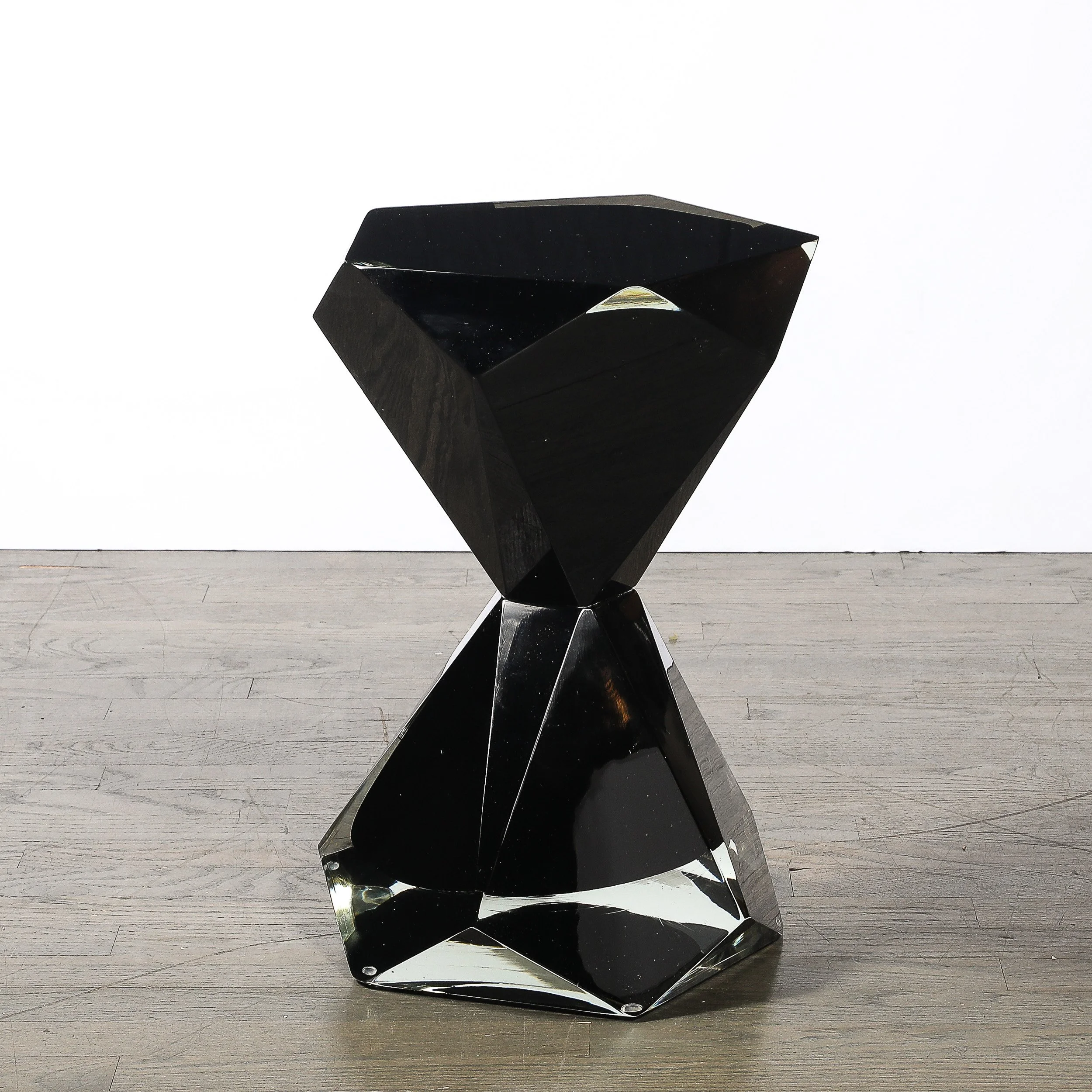 Modernist Handblown Murano Jet Black Faceted Hourglass End Table - High Style Deco 1.jpg