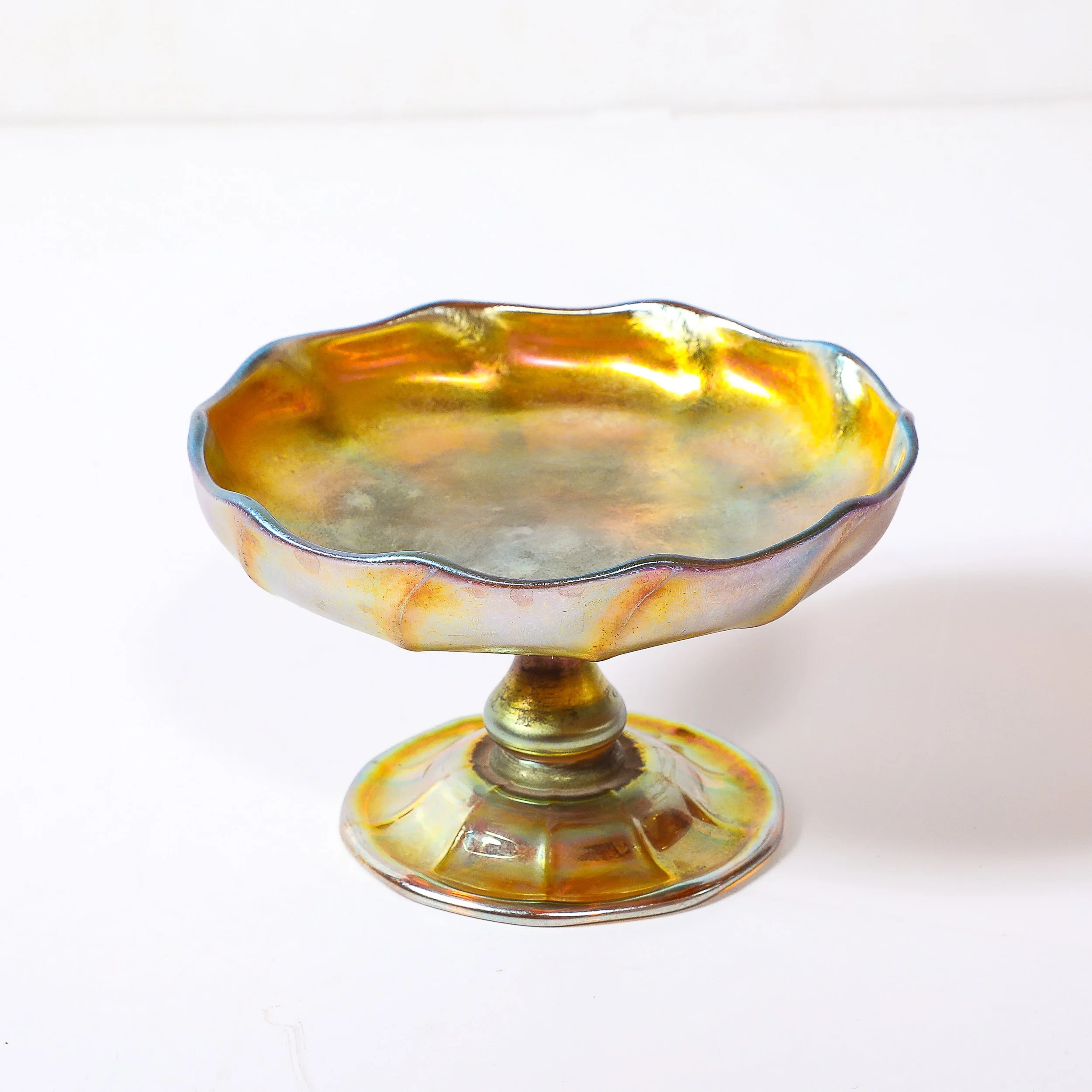Art Nouveau Iridescent Yellow Blue Favrile Glass Footed Dish signed Tiffany & Co - High Style Deco 2.jpg
